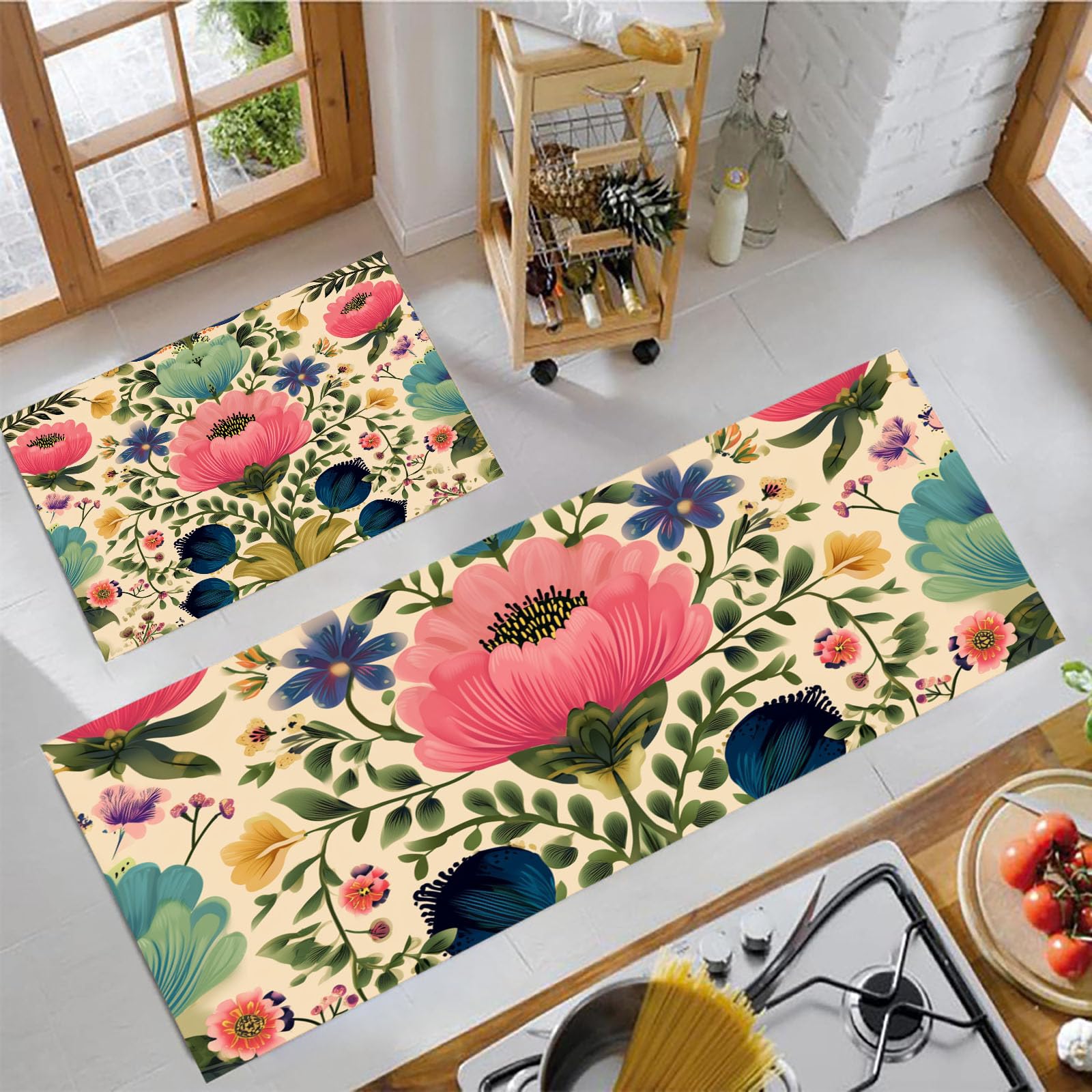 Alfombrillas de cocina de flores JEDTAKCT ideales para decorar suelos de lavandería y dormitorio