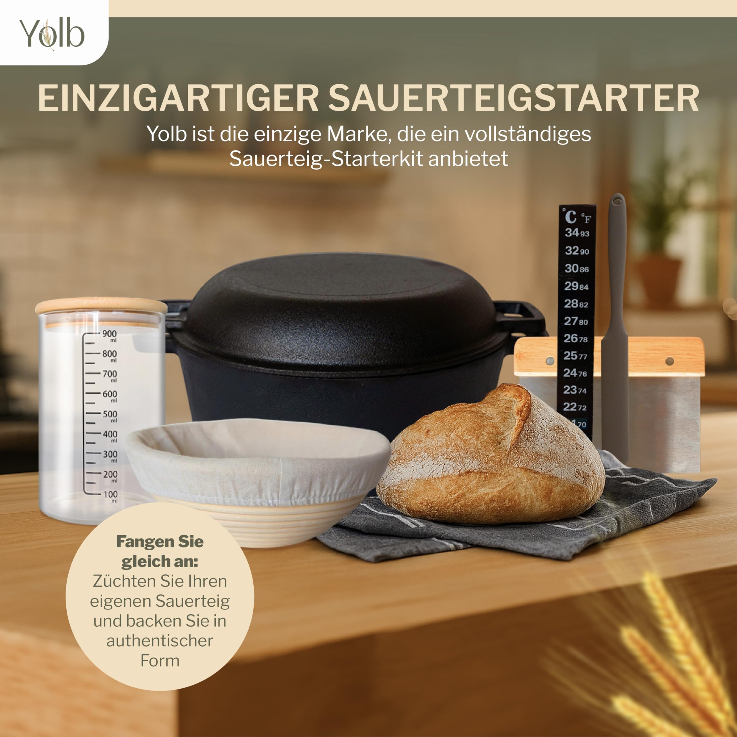 sauerteig Brotbacktopf – Gusseisen Topf mit Deckel (Dutch Oven), Sauerteig-Starter-set mit Sauerteig zubehör, brotbackform – Komplettes XL-Sauerteig Brotbackset zum Brotbacken im Ofen.