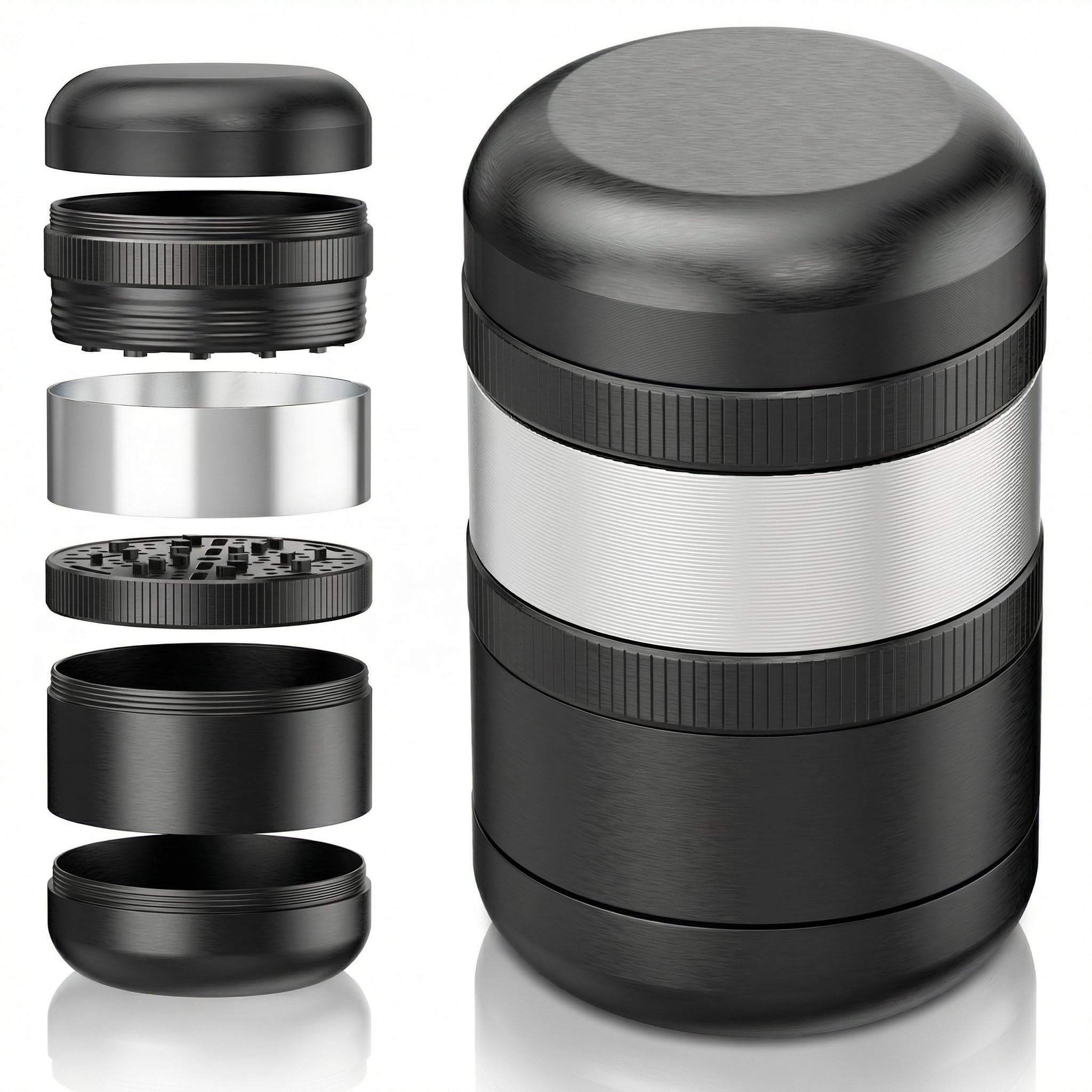 Viberium Grinder Metallo 60 mm- Grinder Belli Tritino, Grinders Kit Original, Accessori per Erbe, Herb Crusher Professionale, Macinino, 4 Pezzi - Nero