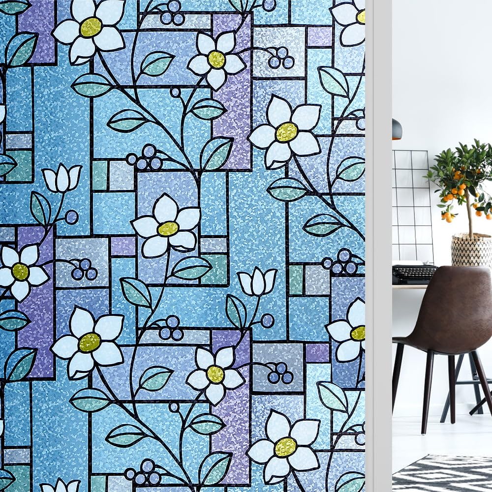 SUNBIRD Daisy Frosted Window Privacy Film Non Adhesive Static Cling Glass Stickers Sun UV Blocking Heat Control Door Covering for Home Office (1 Feet x 2 Feet, Blue Daisy)