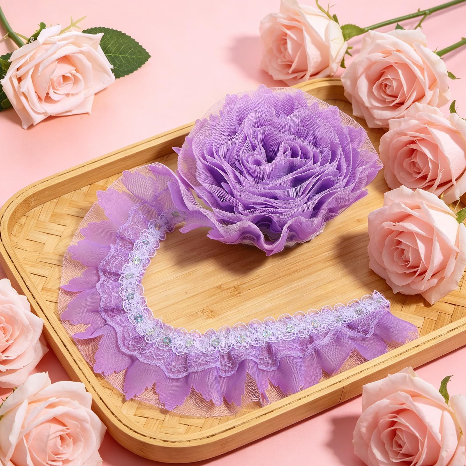 5 Yards Double-Layer Pleated Chiffon Lace Ruffle Trim, 2-Layer Purple Lace Ruffle Ribbon 2 Inch, Organza Pleated Edge Purple Ribbon Gathered Fabric Trimming for Sewing DIY Crafts Dress Headdress