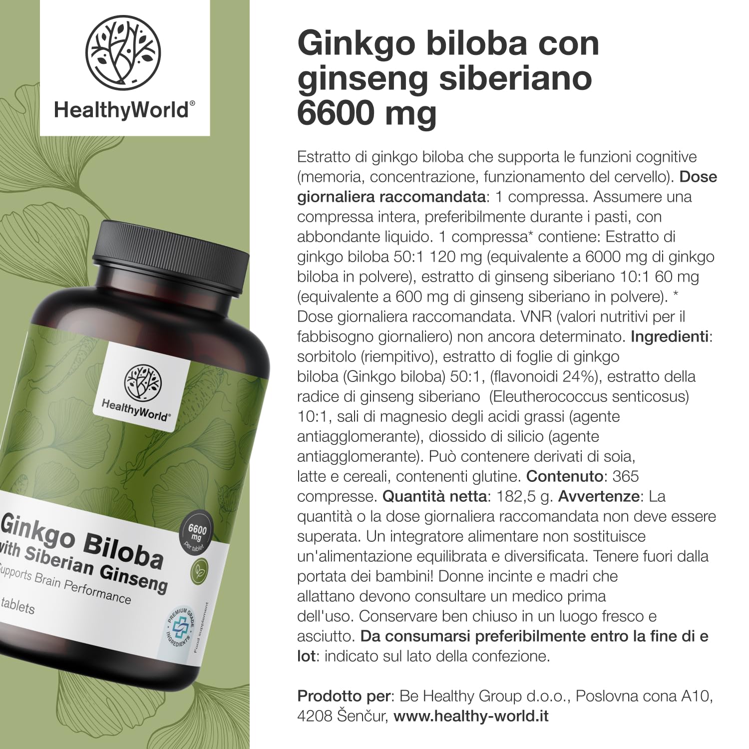 HealthyWorld® Ginkgo Biloba con Ginseng siberiano 6600 mg - Dose elevata, qualità premium - Per funzioni cognitive - 365 compresse per 1 anno di scorta - Estratto di ginkgo 50:1 (120mg) e 10:1 (60mg)
