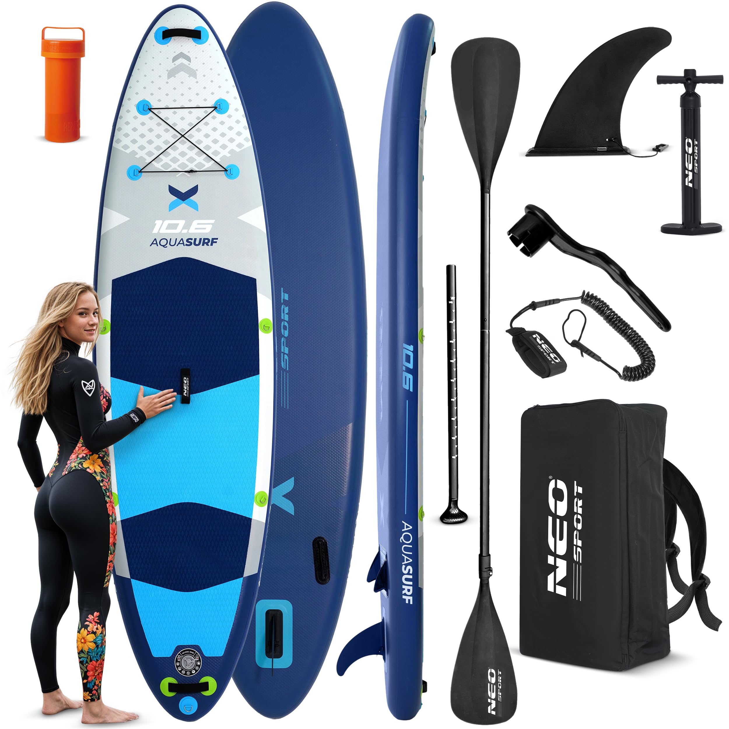 Neo-Sport Deska SUP Nadmuchiwana - 320 cm - Zestaw z Akcesoriami - Ręczna Pompka Wiosło Leash Plecak - Aquasurf 10.6