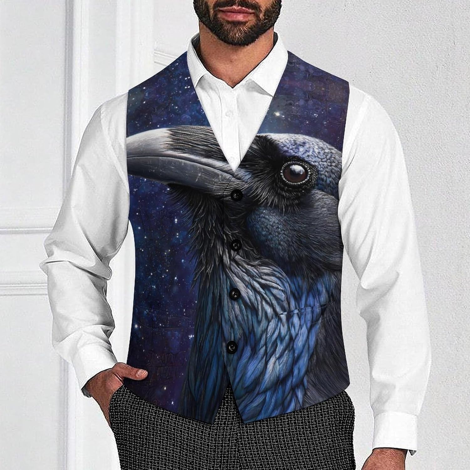 Ravens Feathers Galaxy Starry Sky Suit Vest for Men Slim Fit Business Dress Waistcoat for Suits Tuxedo