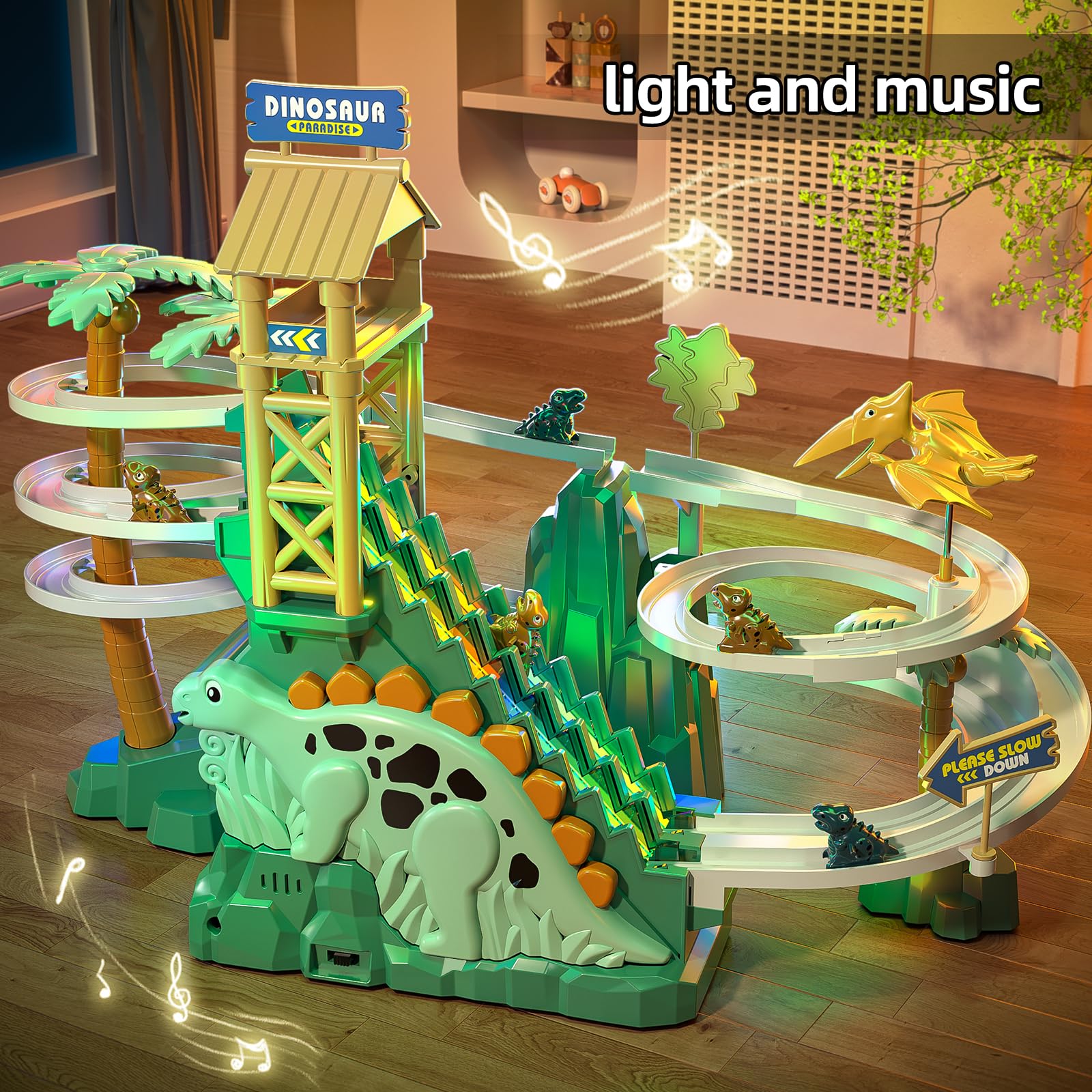 JUKUDAHU Dinosaur Climbing Slide Stair Toy for Toddlers Aged 3 4 5 6 7 8 - Racing Track Game Set, Sliding Car Toy, Dinosaur Themed with Light and Music, Birthday Dinosaur Gifts for Boys Girls Kids