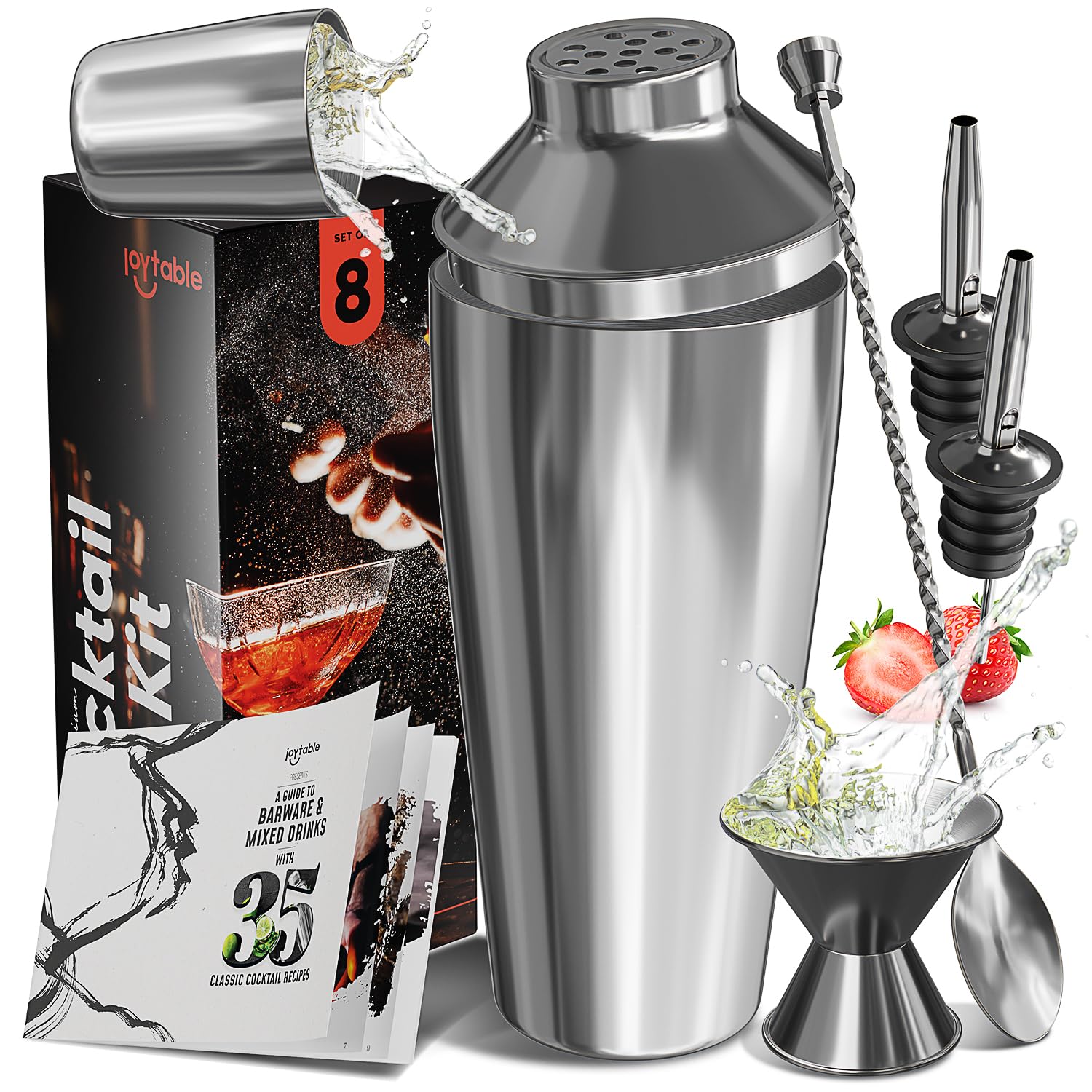 Juego de coctelera de bar, juego de coctelera, juego de 8 piezas de cóctel plateado, kit de barman mixología, coctelera de acero, accesorios de barra: coctelera de Martini de 24 onzas, mortero, libro