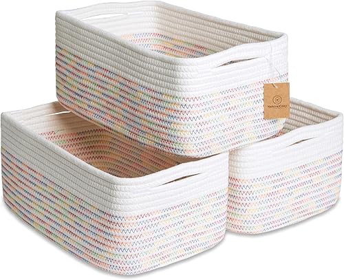 Miniatura 22 de NaturalCozy Cestas de almacenamiento de 11.8 x 8 x 4.5 pulgadas para estantes, paquete de 3 cestas pequeñas tejidas de cuerda de algodón para Blanco