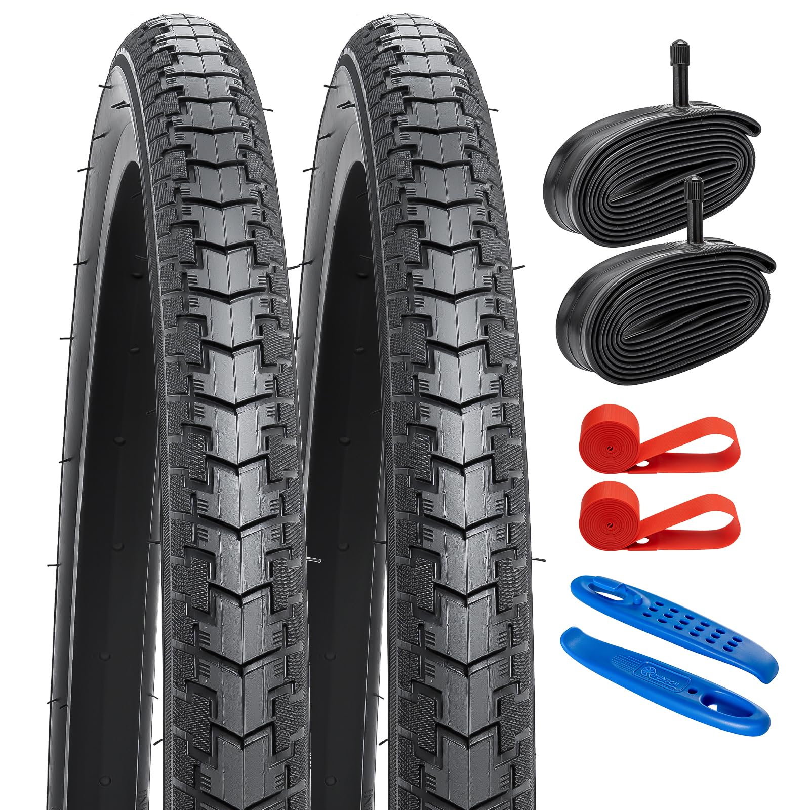 YUNSCM 24" Bike Tires 24x1 3/8 Tires 37-540 and 24" Bike Inner Tubes AV32mm Shrader Valve with 2 Rim Strips, Compatible with 24 x 1 3/8 Wheelchair/Road Bike Bicycle Tires and Tubes (Y-1127)