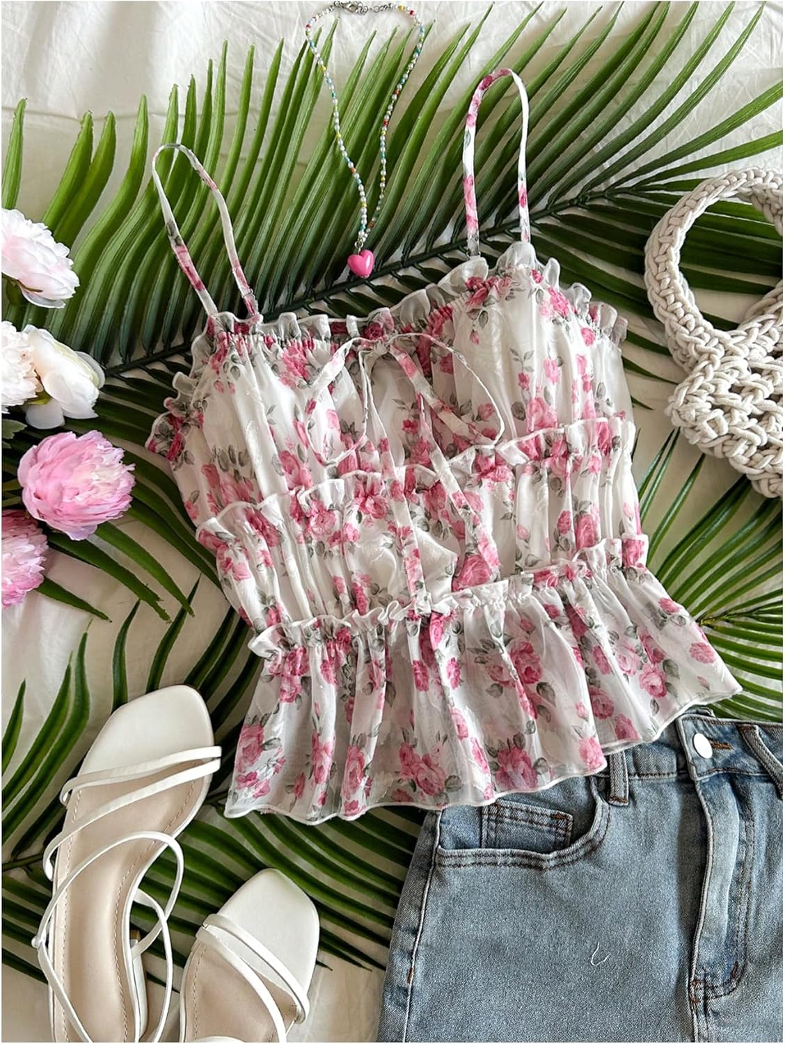 MakeMeChic Women's Mesh Floral Camisole Spaghetti Strap Tie Front Ruffle Y2k Tank Tops - Image 5