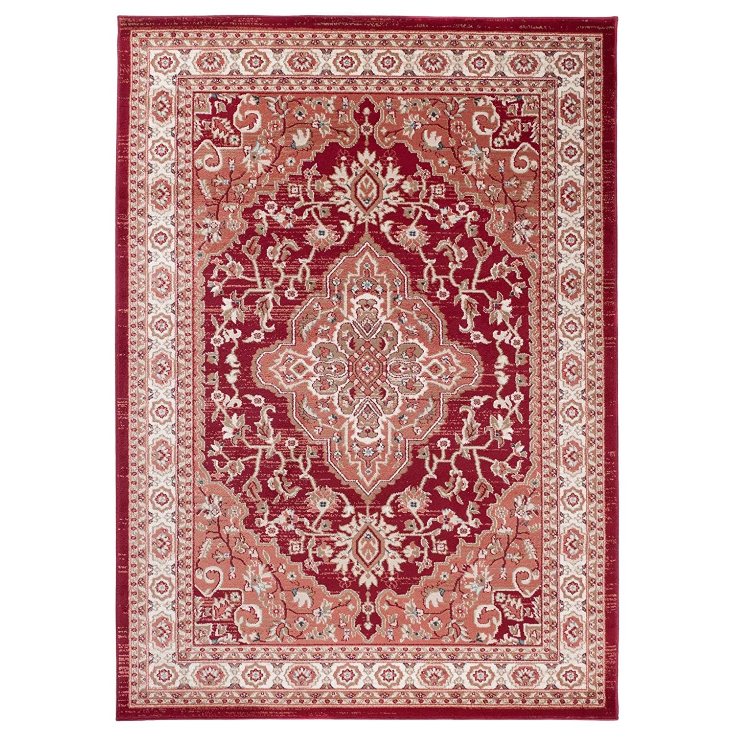 Carpeto Rugs Alfombra Oriental de Diseño Floral de Salón Grande de Pelo Corto - Alfombras de Habitación de Matrimonio, Dormitorio y Comedor - Rojo Crema Beige - 300 x 400 cm