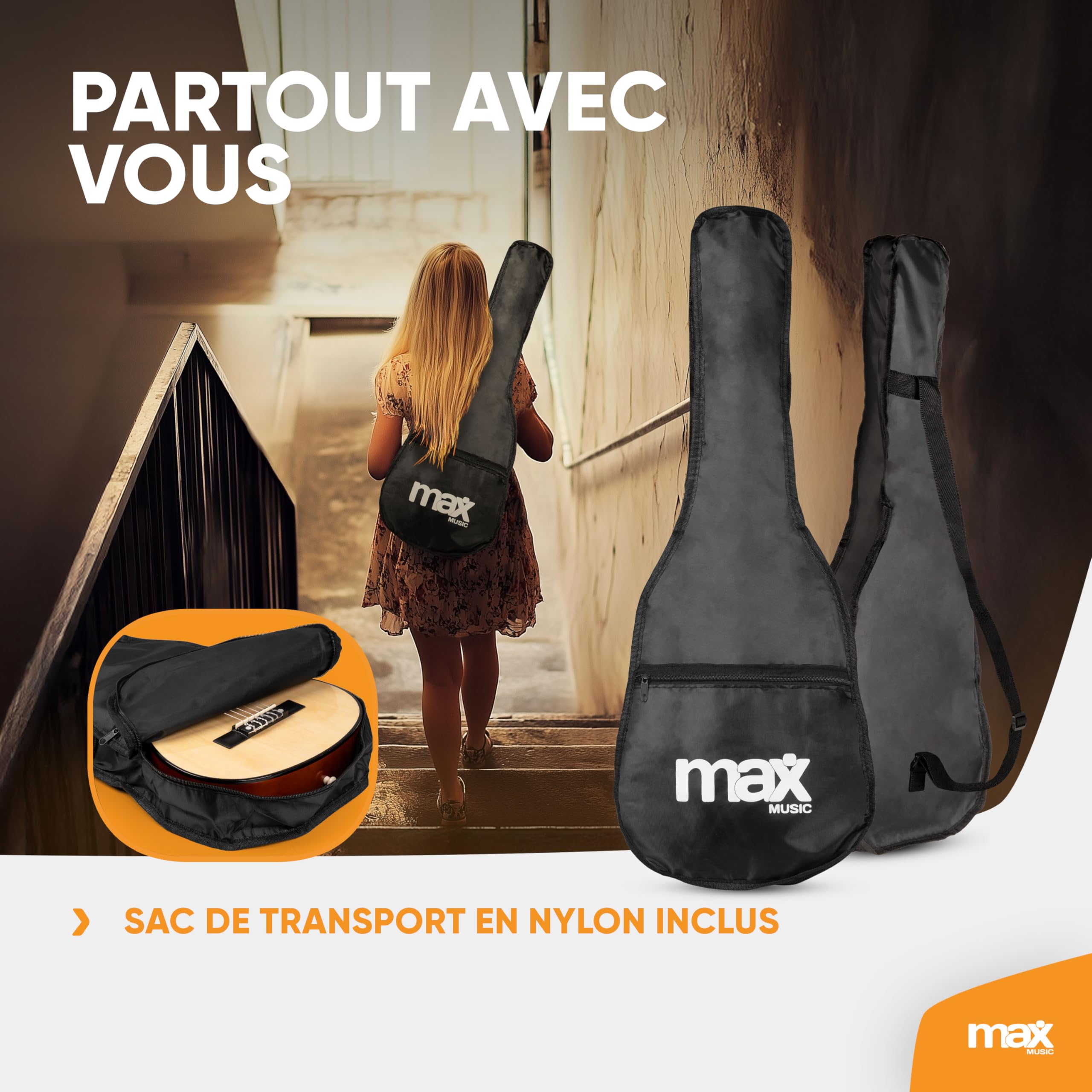 Max SoloArt Pack Guitare Classique Junior 1/4 - Bois Naturel Clair, Cordes en Nylon, 4 à 6 ans, Sac de Transport, Médiators, Sangle, un Cadeau pour Enfants Idéal pour Débuter la Guitare