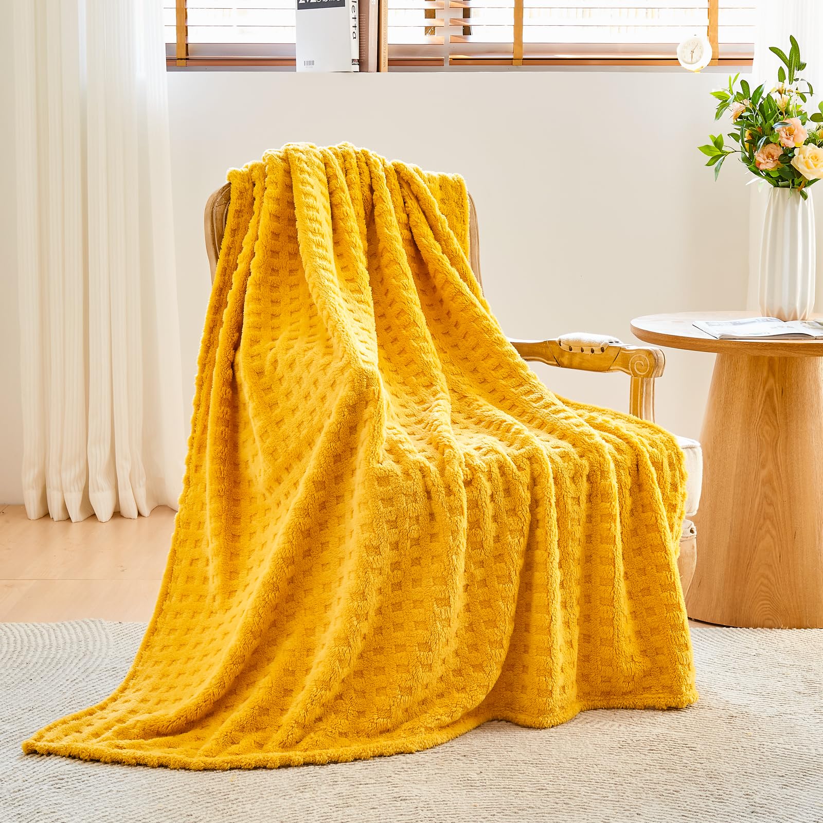 NEWCOSPLAY Super Soft Twin Blanket Yellow Premium Silky Flannel Fleece 3D Waffle Checkered Lightweight Bed Blanket All Season Use (Mustard Yellow, Twin(60"x80"))