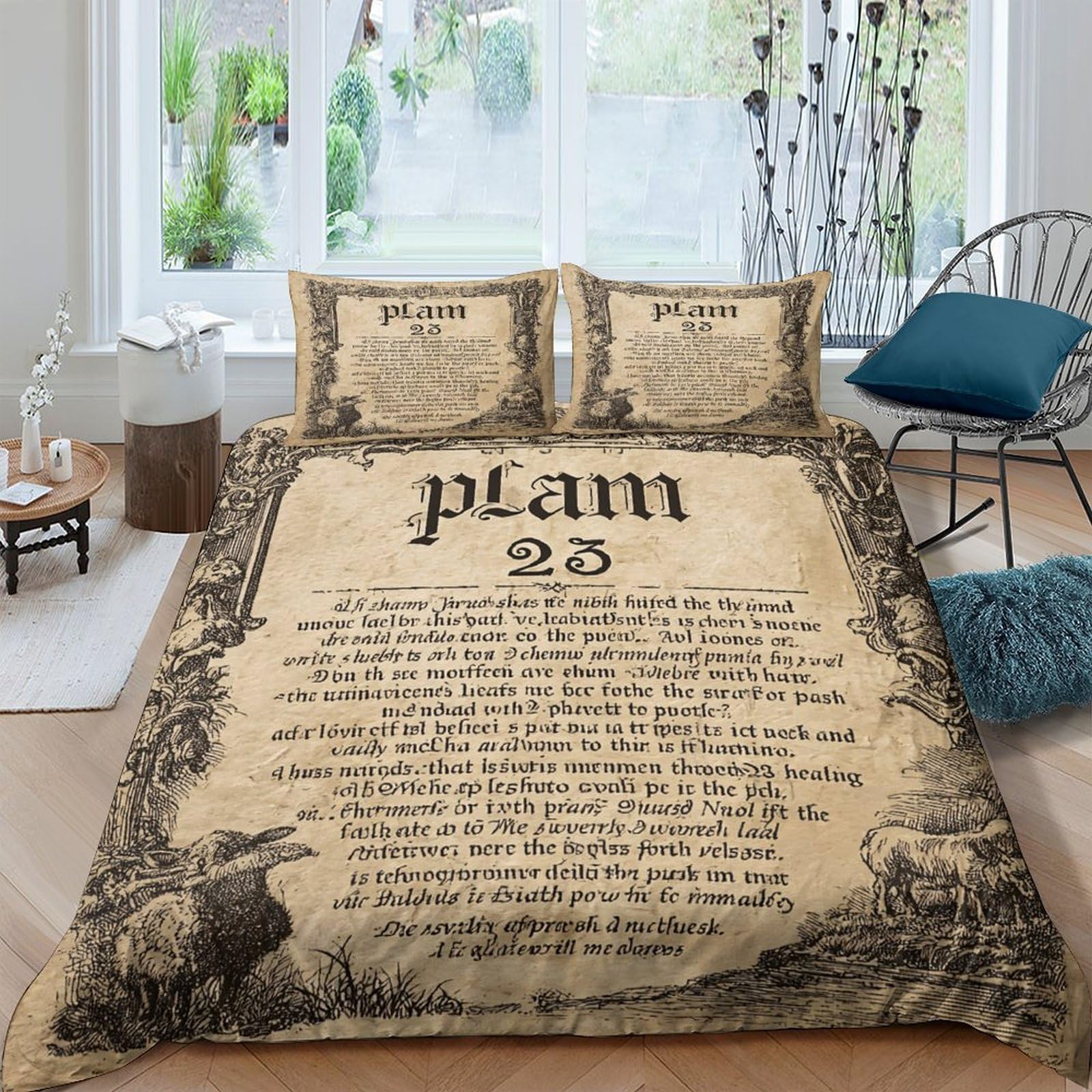 Ctjqhvkz Style-3 3D Printed Vintage Bible Psalm 23 Fitted Sheet Microfiber Beige Artistic Bed Cover Non-Slip Bedroom Decor Machine Washable Single（135X200cm）