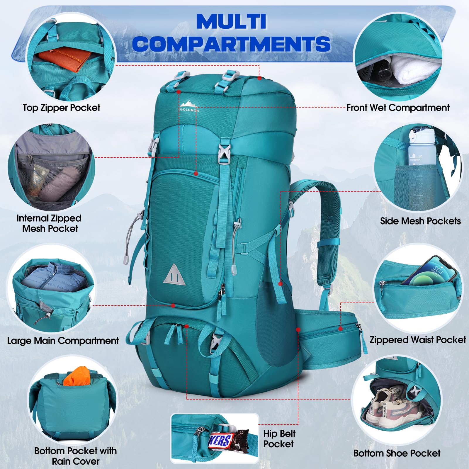 IGOLUMON Zaino Trekking 60 Litri Zaino Montagna Zaini da Hiking con Copri Pioggia per Uomo Donna Zaino da Campeggio Viaggio Escursione