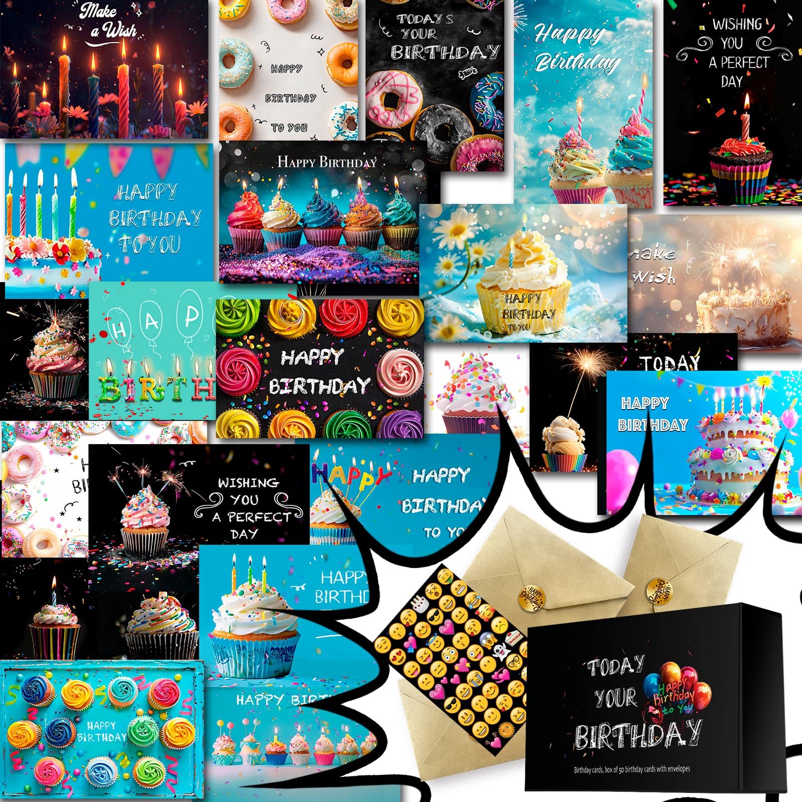 Mr.lucky Artwork Birthday Cards, 50 Birthday Cards Bulk with Envelopes and Gold Foil, 25 Unique Designs Birthday Cards Assortment for Women, Men, Kids, Work & Office Celebrations, 4x6 inches