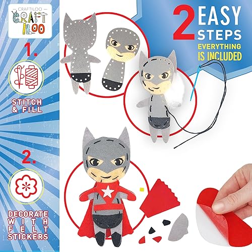 Miniatura 5 de CRAFTILOO Kits de costura de superhéroe para niños pequeños, 5 proyectos fáciles para niños principiantes, kit de costura para niños, manualidades