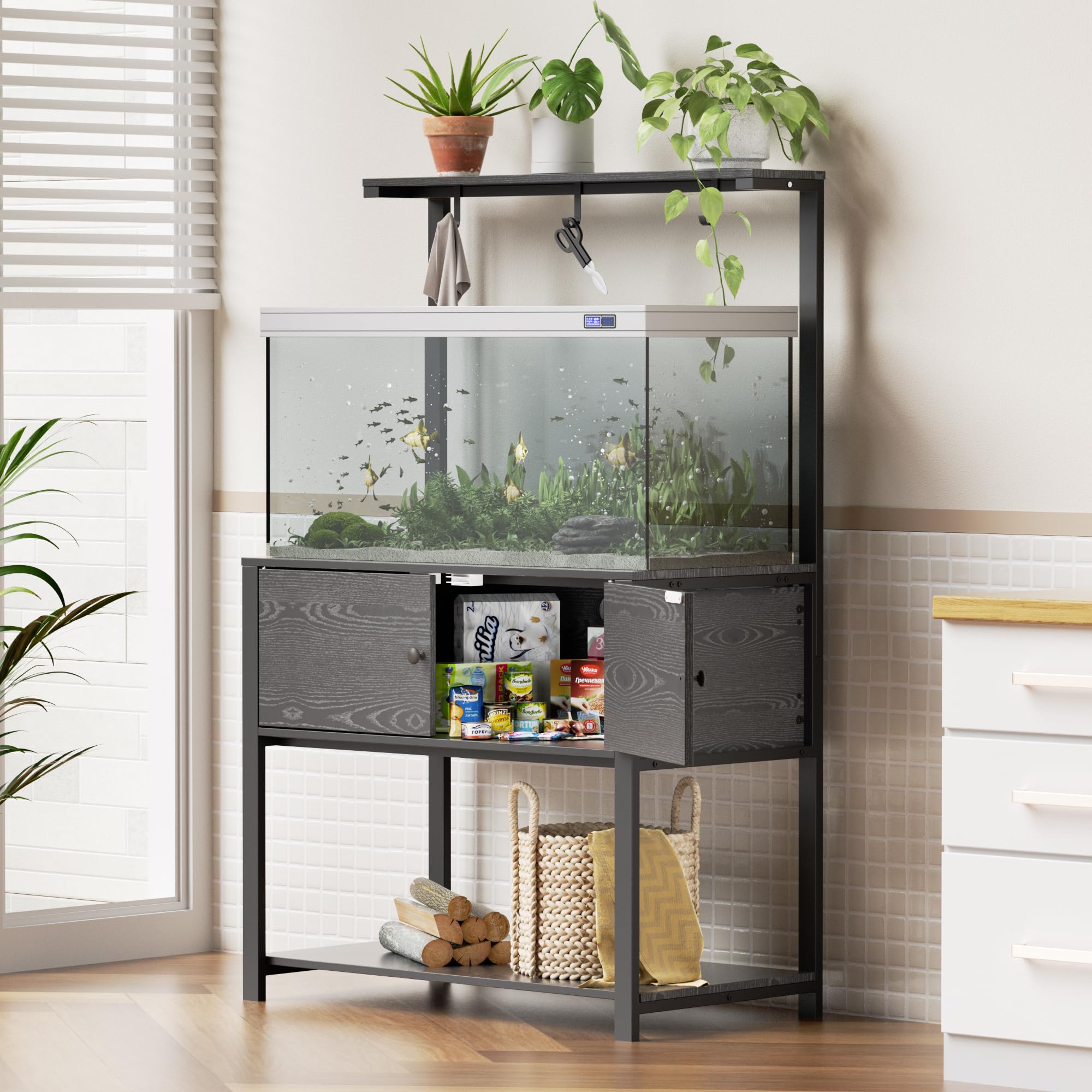 Fienveorn 40 Gallon Aquarium Stand with LED Light & Power Outlet,Metal Fish Tank Stand with Cabinet and Shelf for Accessories Storage Turtle Reptile Terrariums Table Stand, 660LBS Capacity