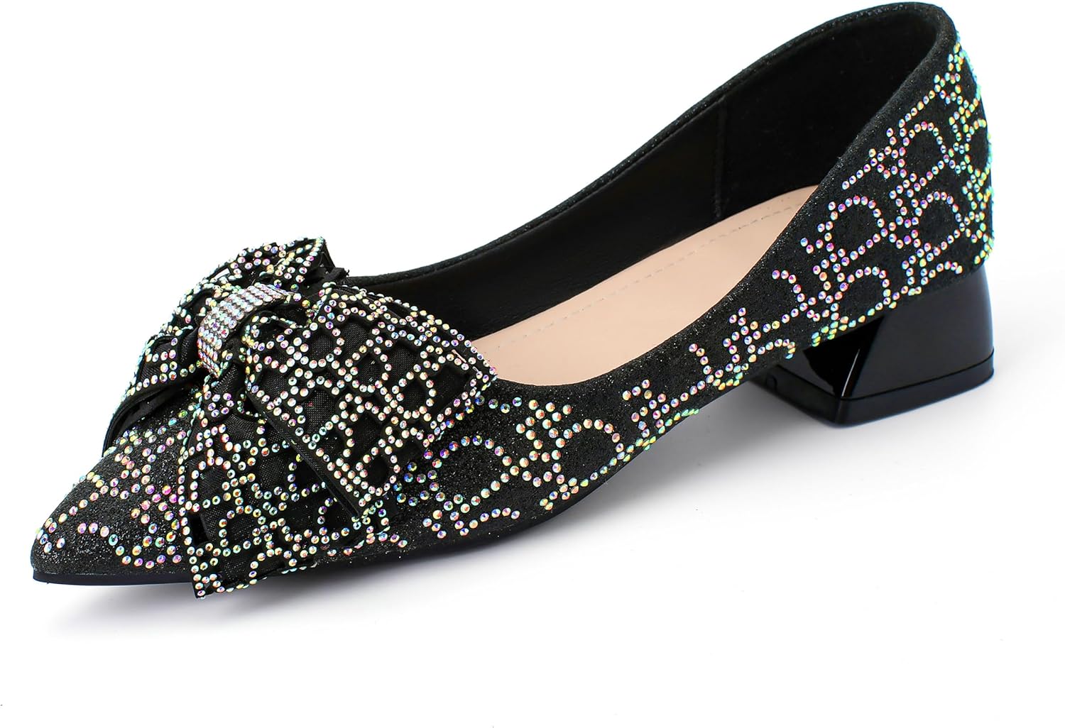 Womens Pumps Comfortable Ladies Dress Shoes Low Heel Pumps Rhinestones Bow Wedding Low Pump Shoes