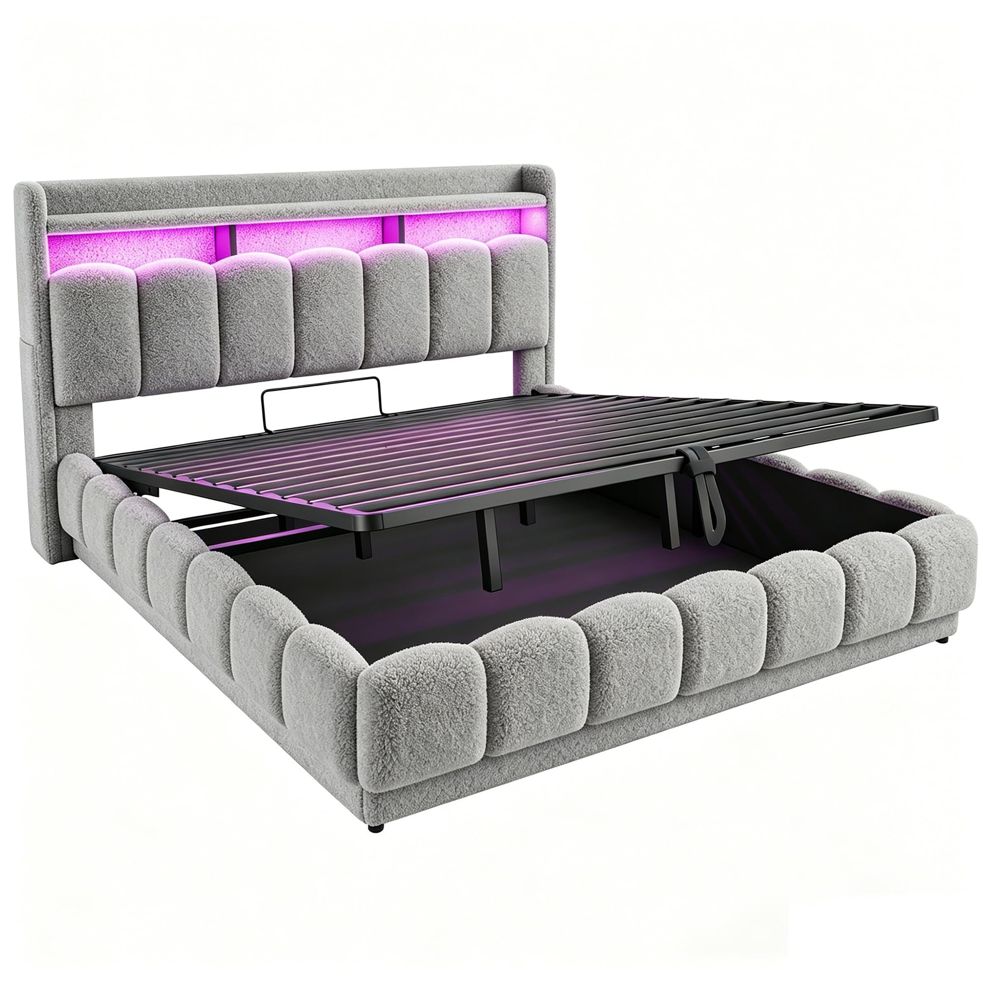Cama Canapé 180x200 con Cabecero Acolchado Cama Tapizada con Almacenamiento Integrado Estructura Matrimonial con Elevación Hidráulica con Somier de Lamas con Tapizado Bouclé Apartamento Gris