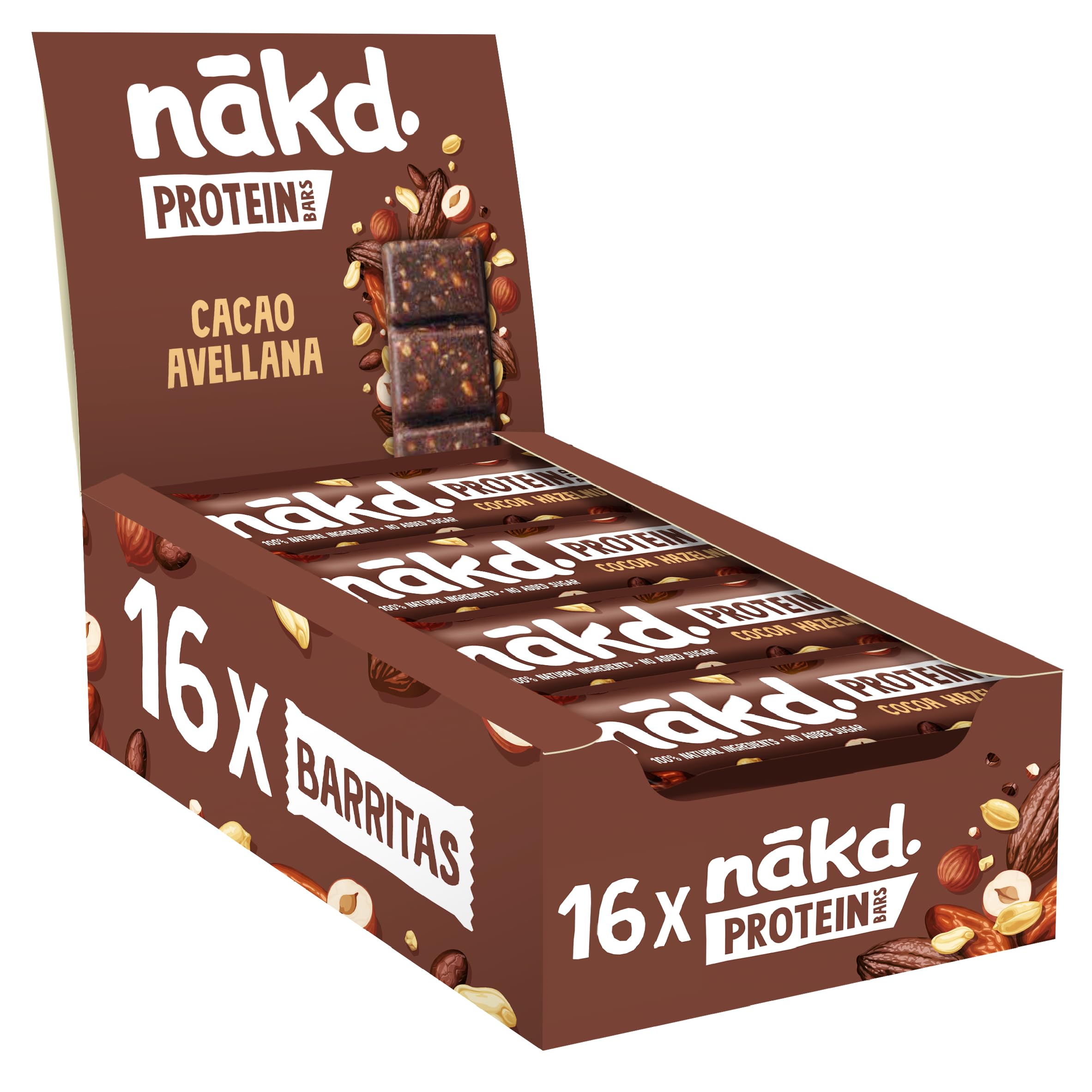 Nākd. Protein Cacao Avellana | Barritas Proteícas | 7g de Proteína de Origen Vegetal |100% Ingredientes Naturales | Sin Azúcar Añadido | Vegano | 16 x 45g | 720g - 1