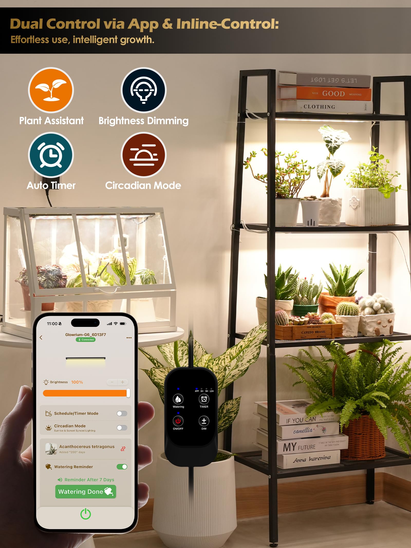 Luz de cultivo inteligente para plantas de interior, tiras de luz LED de espectro completo de 3500 K con temporizador automático de 3/9/12 H, atenuación continua, diseño modular, Plug and Play (negro