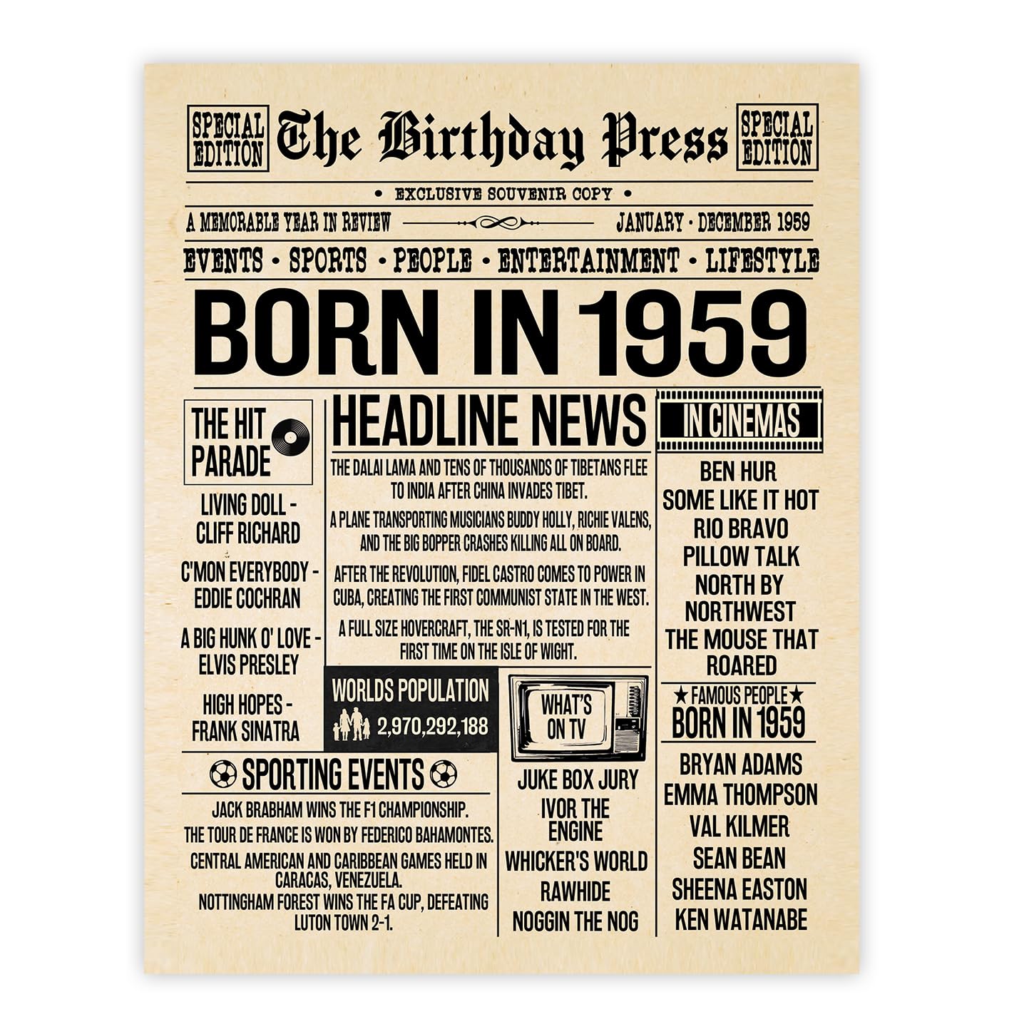 Stuff4 67th Birthday Poster Unframed - Born In 1959 Newspaper - Happy 67th Birthday Gifts for Men Women Vintage Retro Back In 1959, 8x10 Inch Bday Party Decor Decoration