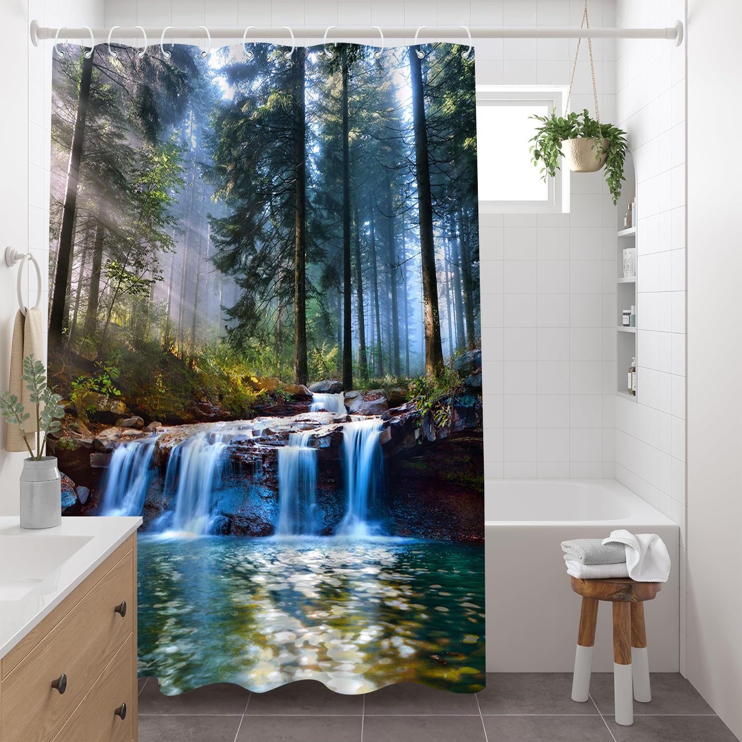 QWRSMYX Waterfall Shower Curtain Spring Forest Landscape Tropical Jungle Rainforest Green Tree Summer Nature Scenery Polyester Fabric Bathroom Decor