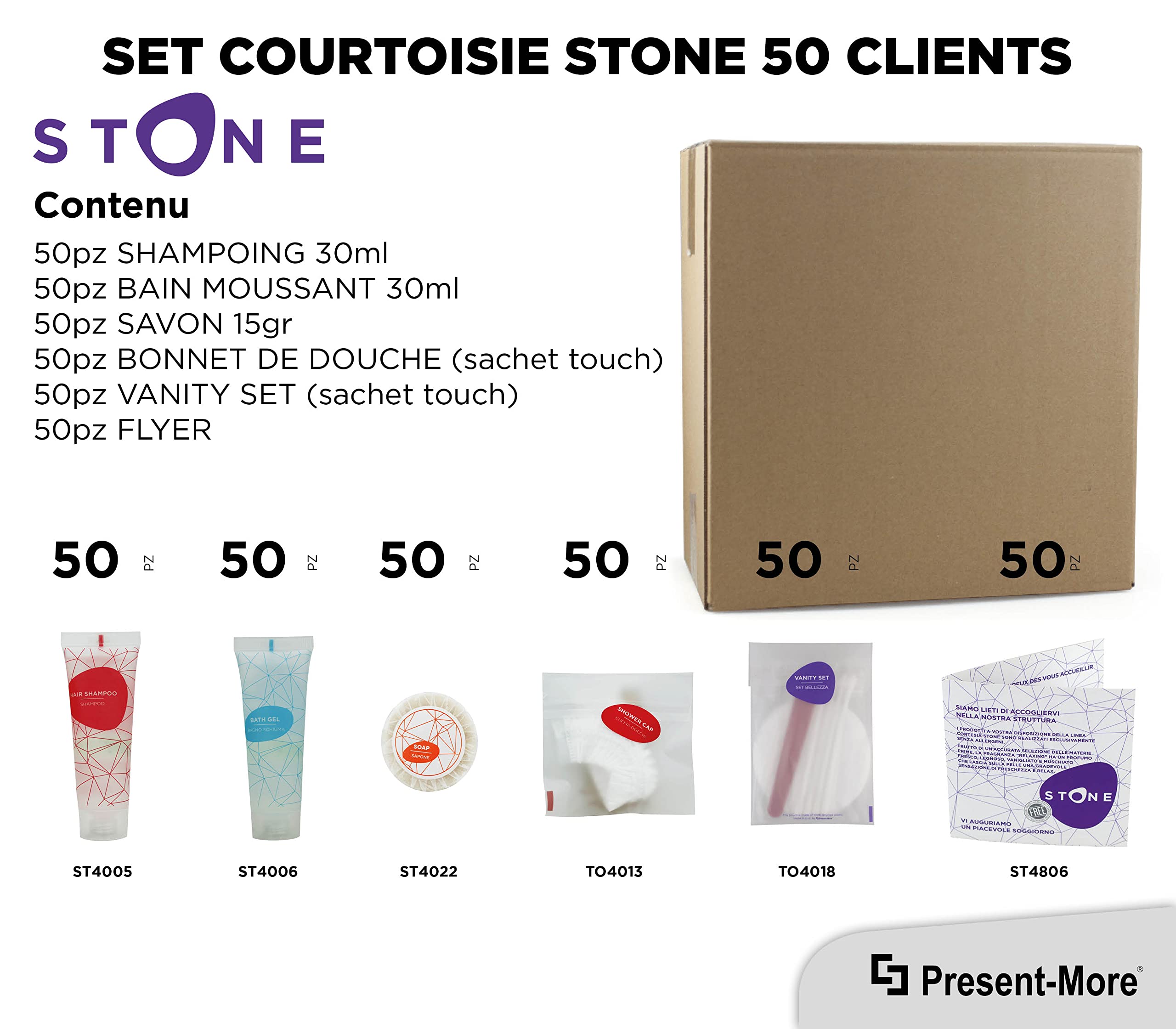 PRESENT-MORE - Kit Accueil 50 Invités Stone - Parfum Relaxing - Contenu: Shampooing, Gel Douche, Savon, Bonnet de Douche et Vanity - Pour Hôtels et B&B