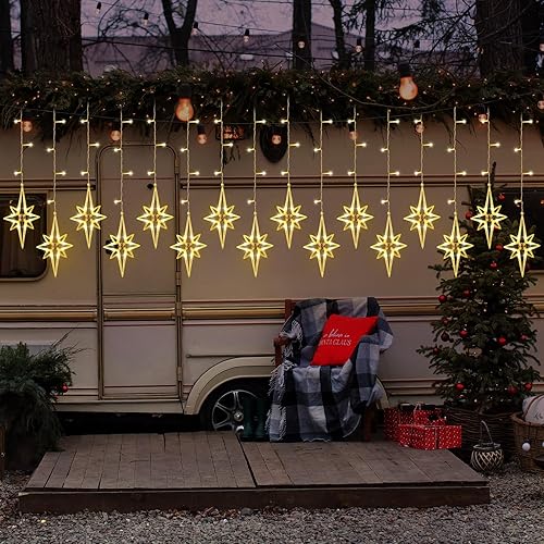Miniatura 5 de VIHOSE Guirnalda de luces de cortina de estrellas de Navidad, 138 LED, 16 luces Polaris para ventana, enchufables con 8 modos de luces colgantes