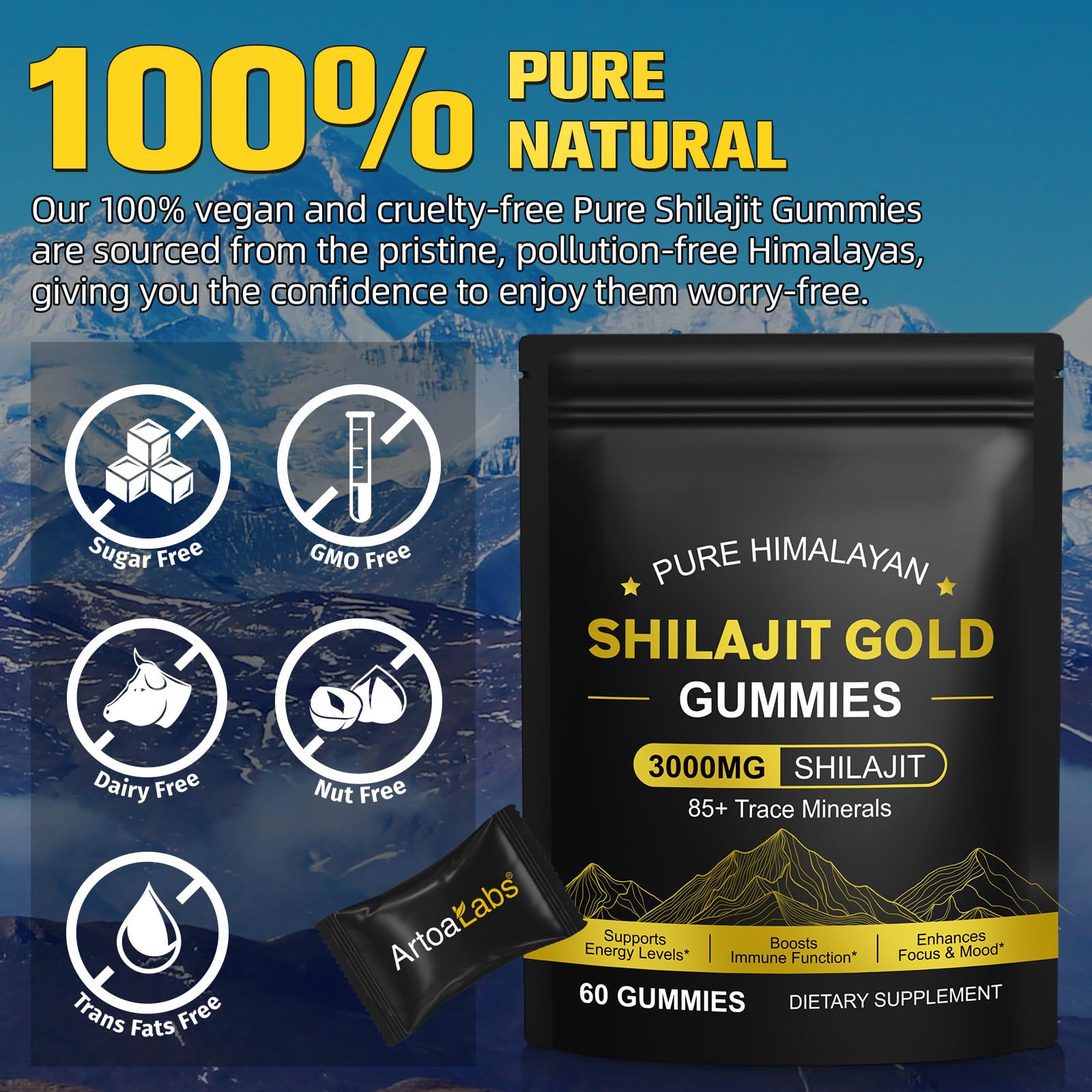 Gominolas de Shilajit 3000mg, Shilajit Puro del Himalaya, Gold Shilajit Gummies, Sin Gluten (60 Gominolas) (2 PCS)
