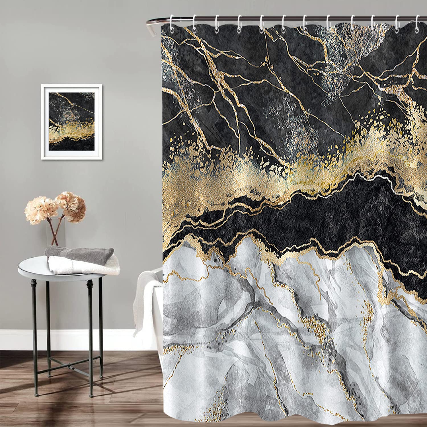 Black and White Marble Bathroom Shower Curtain Abstract Gold Sand Artistic Bath Curtain with Hooks Waterproof Polyester Fabric Shower Curtains for Modern Luxury Bath Decorative, 72x72 Inch