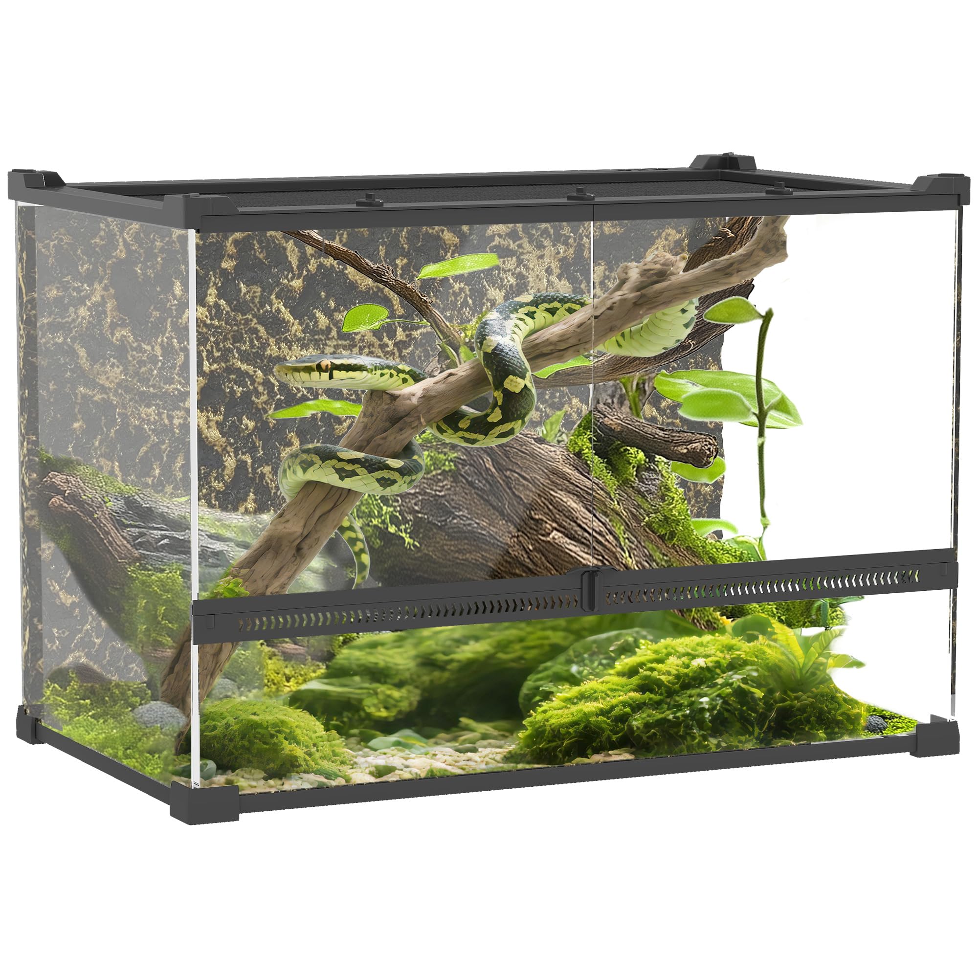 PawHut Reptile Glass Terrarium, Reptile Vivarium with Stone Background, Front Ventilation, Escape-Proof Knob Lock, Glass Enclosure for Lizards, Horned Frogs, Snakes, 50 x 30 x 35 cm, Black