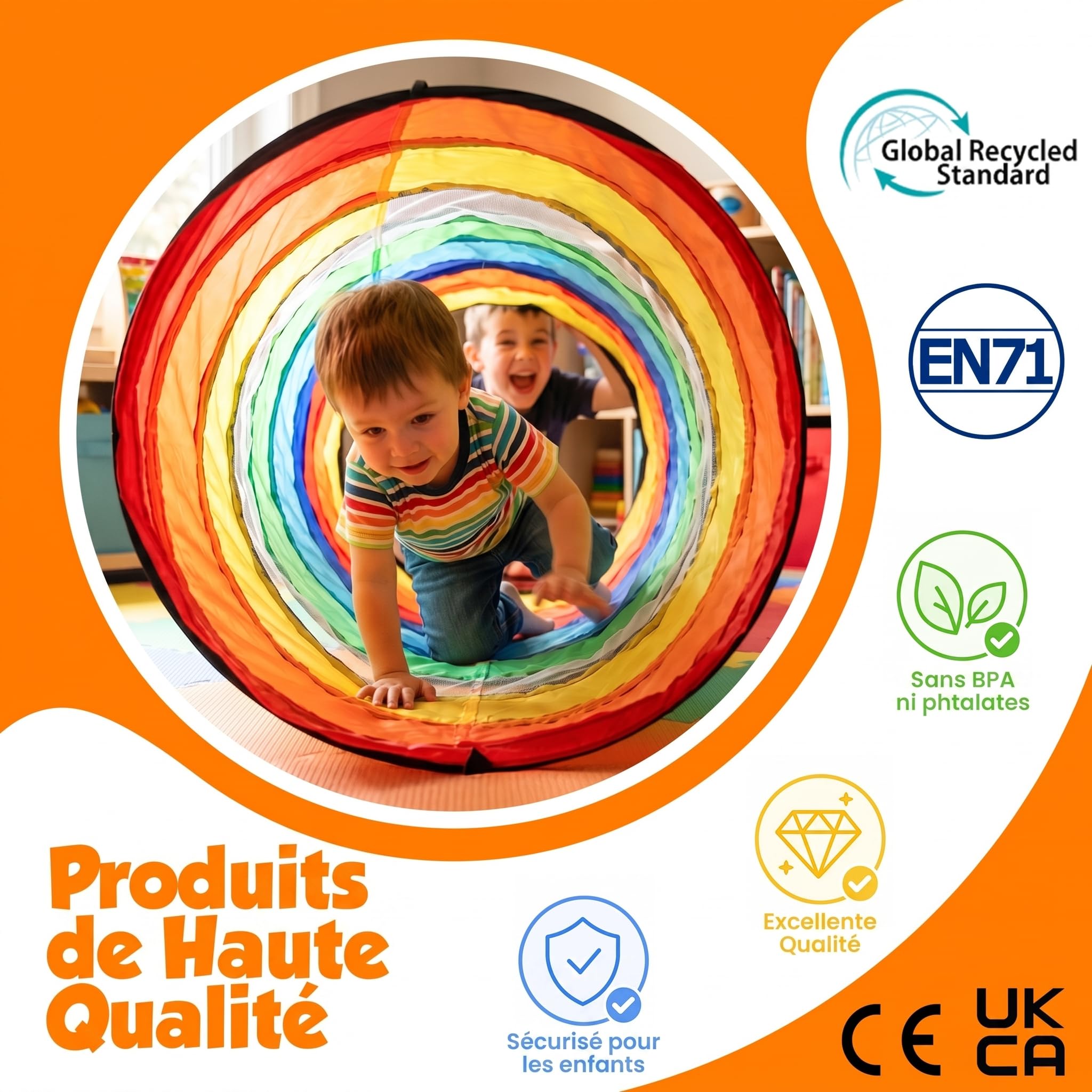 Tente de Jeux Tunnel Enfant 180 cm - Pliable Pop-up Exterieur Interieur avec Côtés en Maille - Parcours Motricité Bébé Cadeau