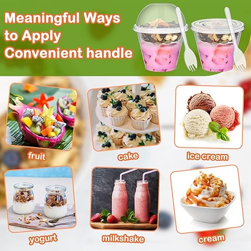 Miniatura 5 de Paquete de 100 tazas de parfait de 9 onzas con inserto y tapas planas, tapas de cúpula de plástico transparente, vasos de postre desechables con
