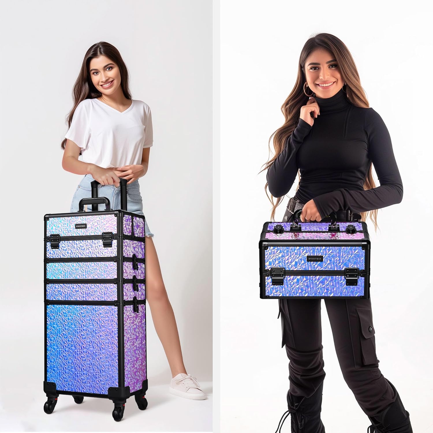 BYOOTIQUE 4in1 Rolling Makeup Case on wheels Nail Traveling Organizer box False Eyelash Storage for Nail Technician Beauty Salon Barbershop Hairstylist,Mermaid Purple