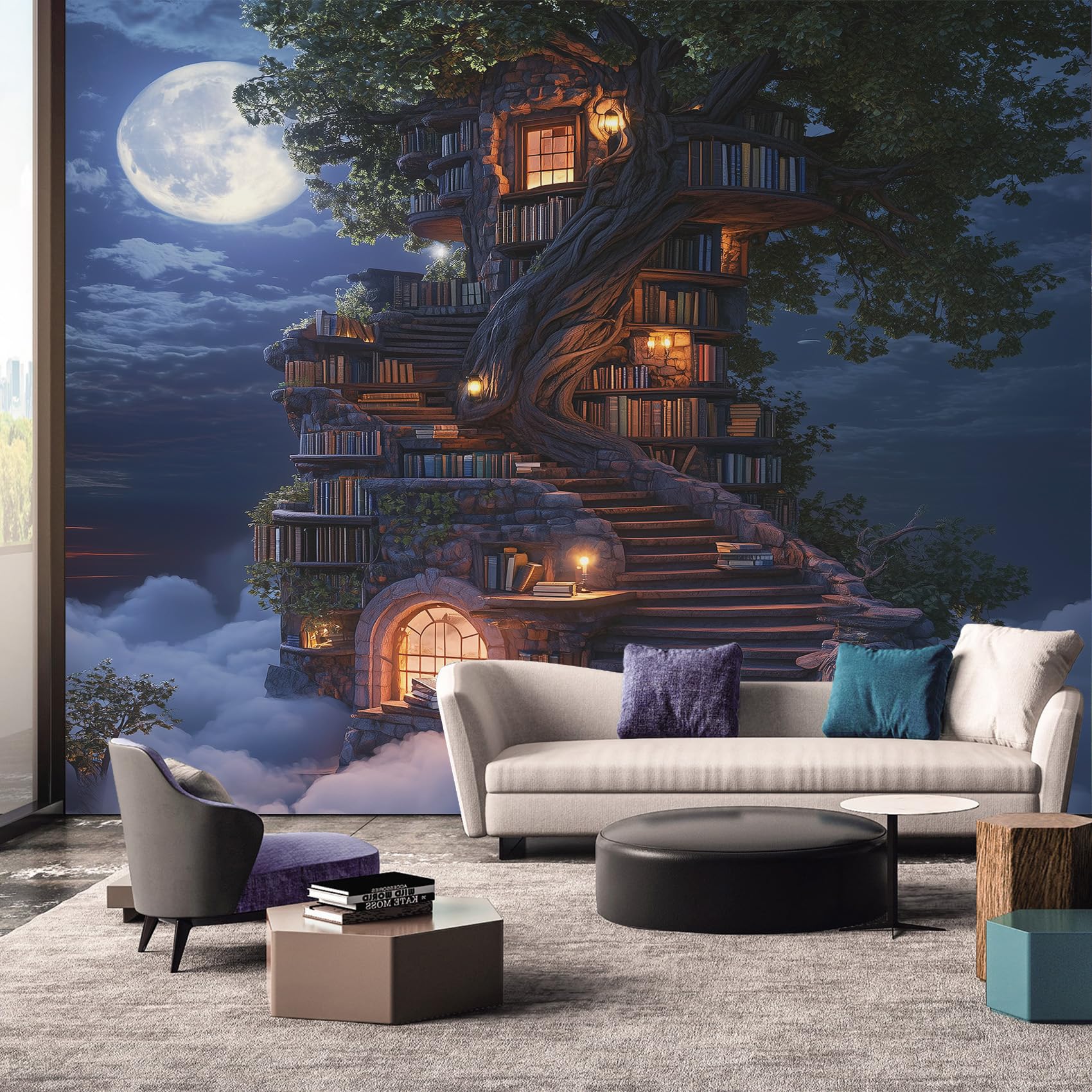 Library Wallpaper - Fantasy Tree Enchanted Bookshelf Wall Mural - Wall Murals for Living Room Bedroom - Photo Wallpaper & Home Decor Art - 305 x 244 cm E514