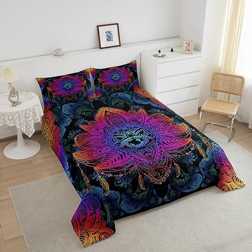 Miniatura 3 de Erosebridal Juego de edredón de flor de loto bohemio, juego de ropa de cama Queen con mandala neón, oriental Fátima Hamsa, juego de edredón bohemio