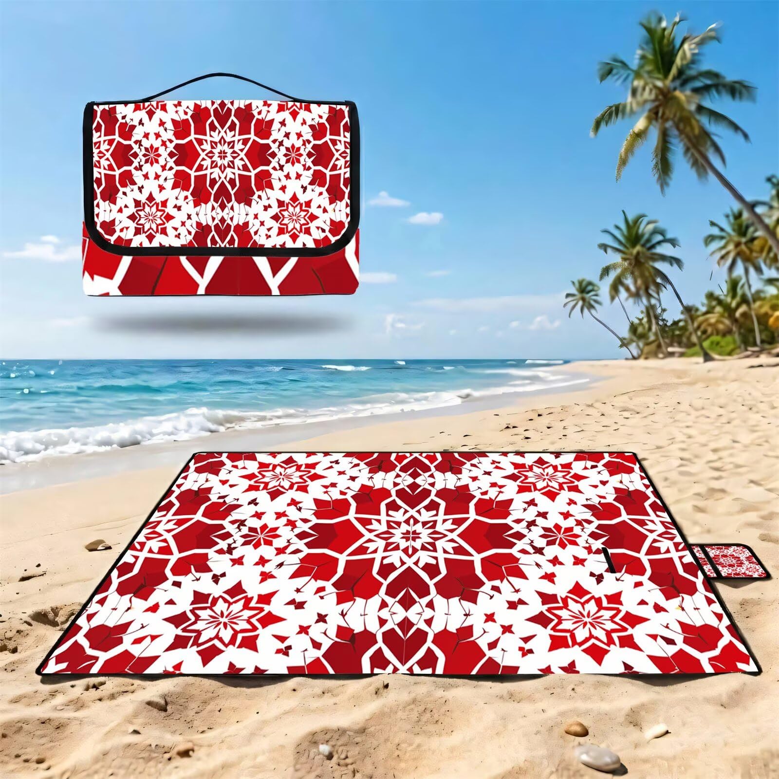 Couverture Pique Nique Grande 200x300cm,Outdoor Couverture Imperméable,Pliable Tapis de Plage Dos en PVC Anti-Sable,Picnic Blanket pour Camping Accessoires,Jardin,Parc,Famille - Blanc,Rouge (2) UZ-729