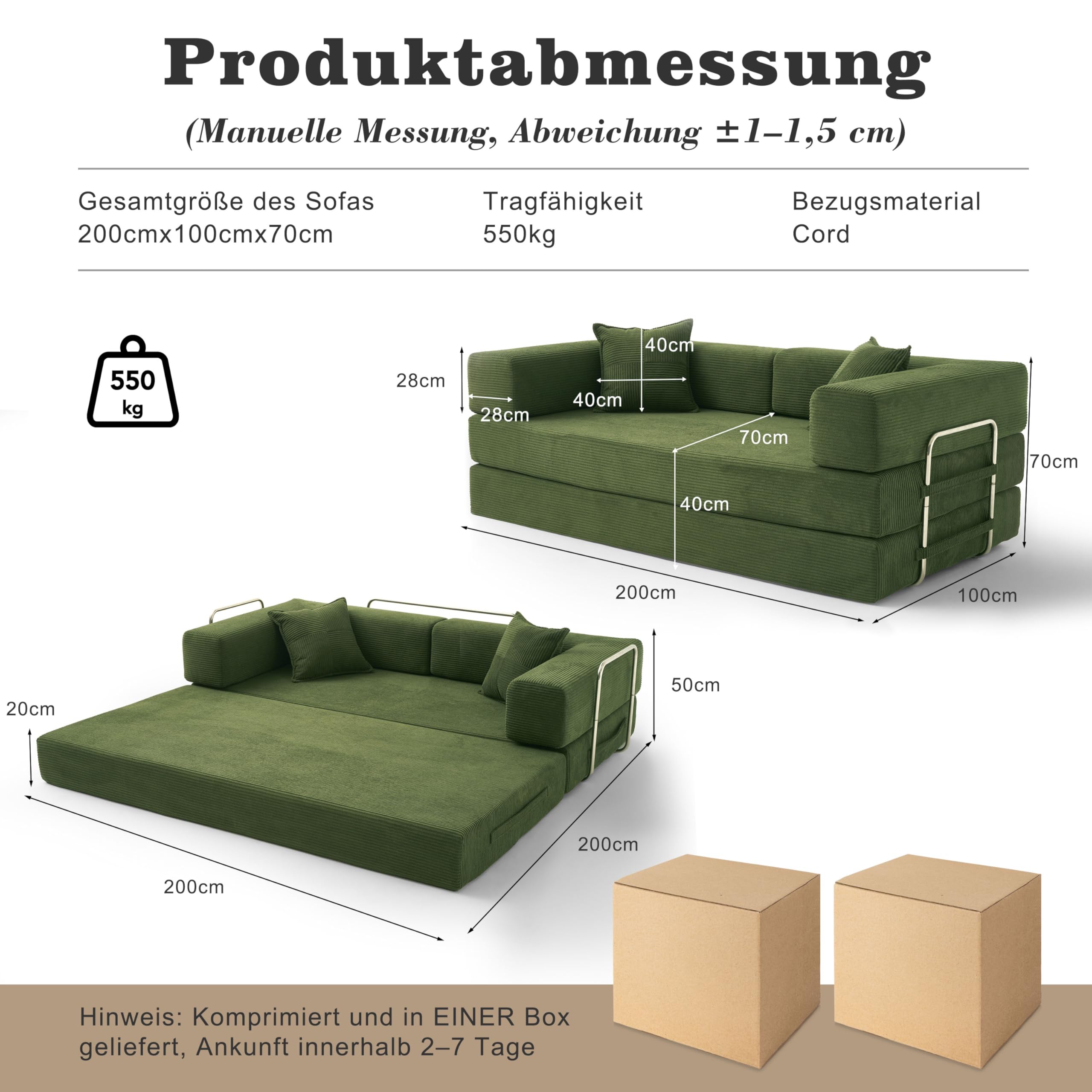 Vipbear Sofá Cama Pana 200×100×70 cm, sofá de Suelo transformable 5 en 1, Espuma de Alta Densidad, Apto para Mascotas y ergonómico, sin Montaje, Verde