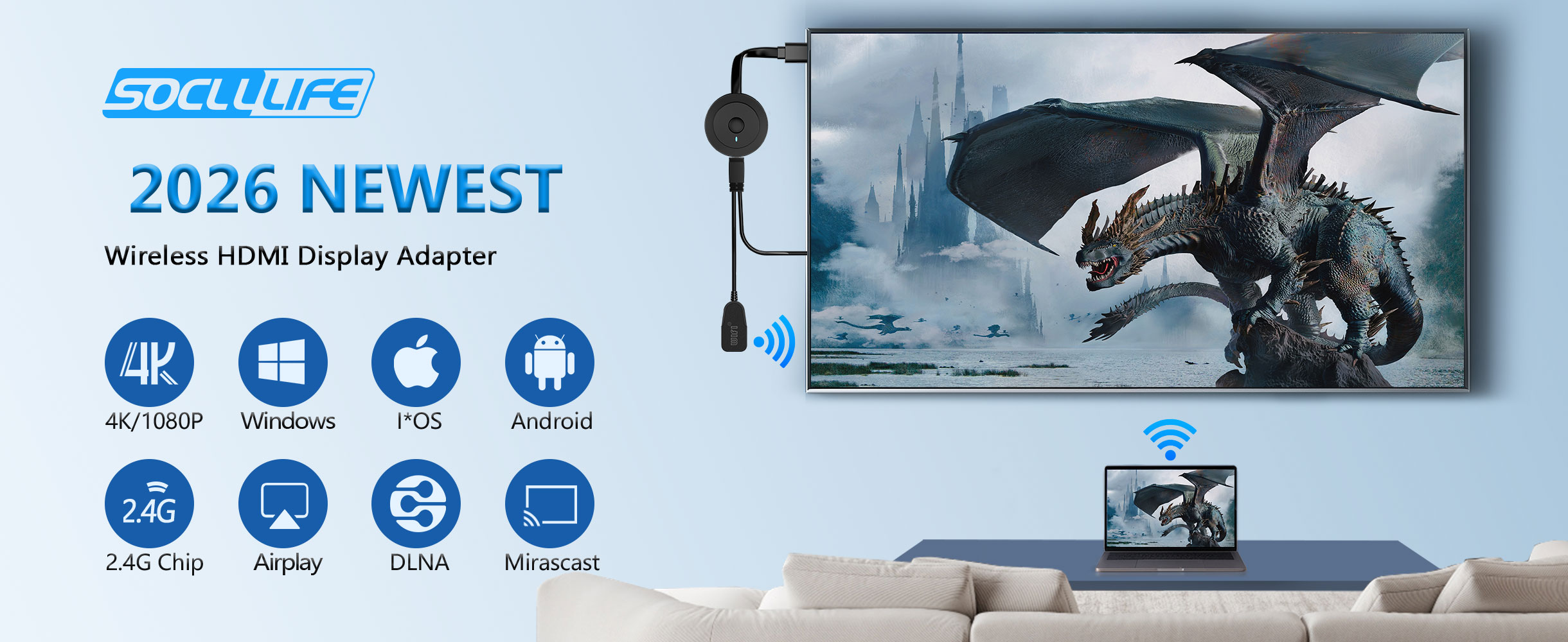 Adattatore HDMI Wireless 4K Mpiolife – Dongle Miracast Per Mirroring Smartphone, IOS, Android, PC A TV, 2.4/5G, Plug & Play, Supporto AirPlay E DLNA