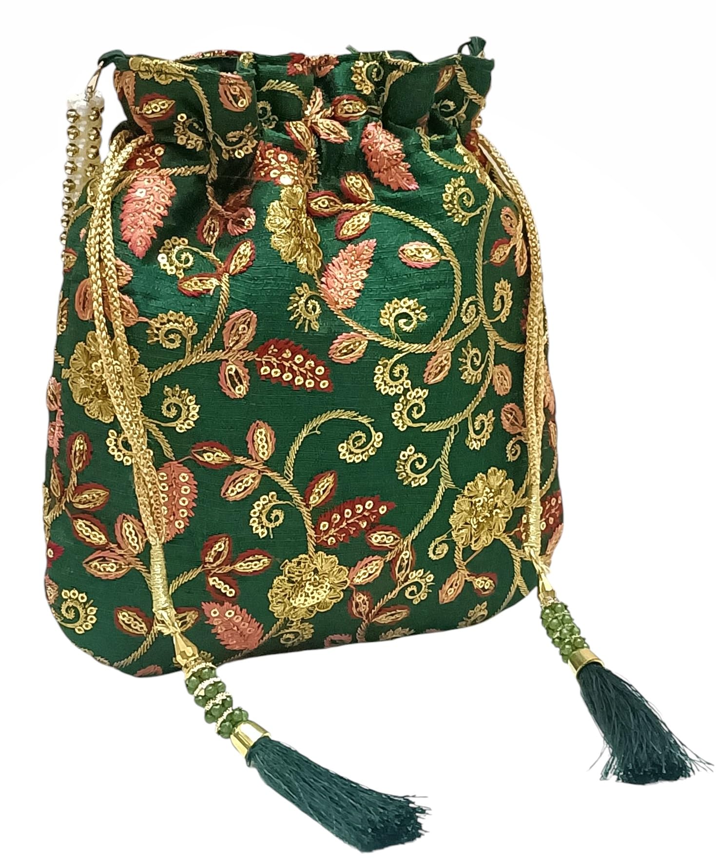 amerie fashions Premium Women's Dark Green Floral Potli Bag Purse for Party Wedding-picture-15