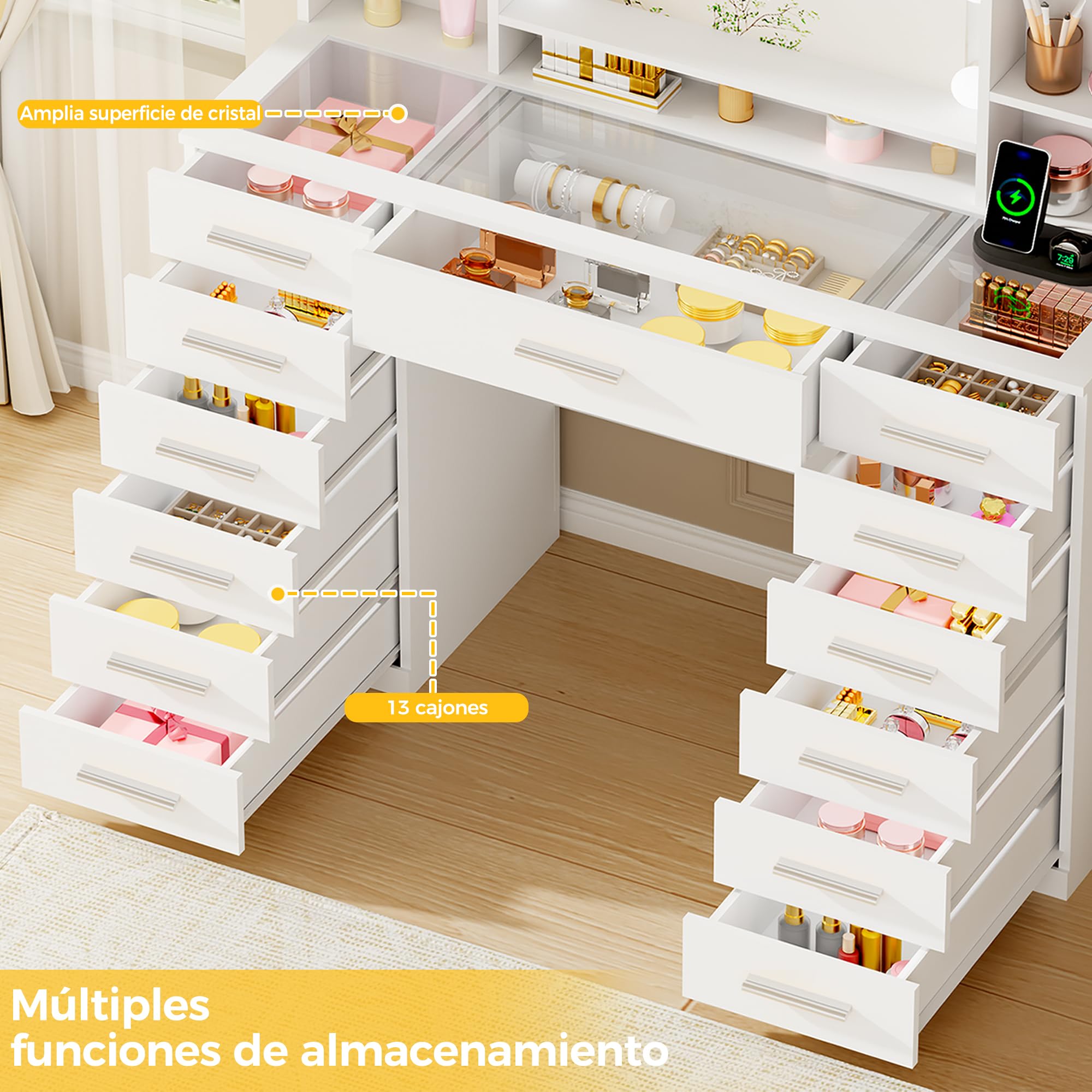 ANWBROAD Grande Coiffeuse avec Miroir LED,Luminosité Réglable,3 Couleurs,Coiffeuse avec Plateau en Verre et Prise,Table de Maquillage avec 13 Tiroirs,7 Étagères Ouvertes,Blanc BDT19X