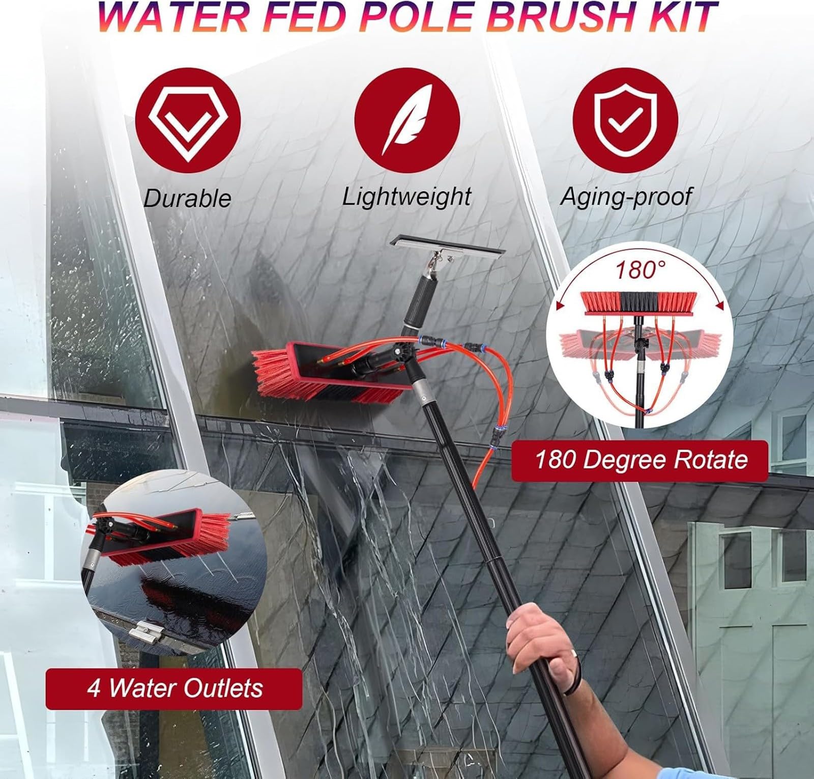 Kit di spazzole per la pulizia del pannello solare regolabile da 35 cm, palo alimentato ad acqua da 9,1 m per una pulizia efficiente di finestre e pannelli solari all'aperto