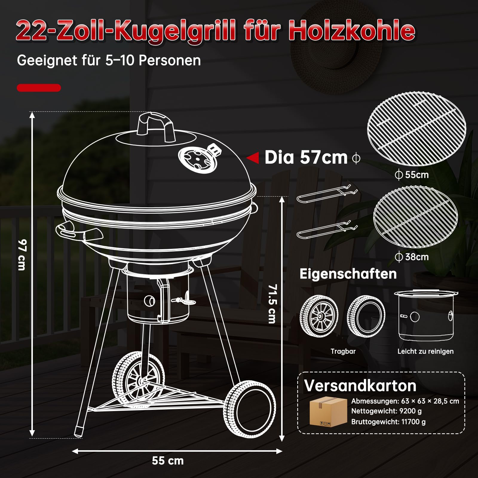 TLSUNNY Kugelgrill Ø 57 cm, Holzkohlegrill/Porzellanemaillierter Deckel und Kessel, 55 cm Grillfläche, H97 cm, Grill Holzkohle für Camping, mit abnehmbaren Aschekasten, Dreibein-Ständer und 2PCS Räder