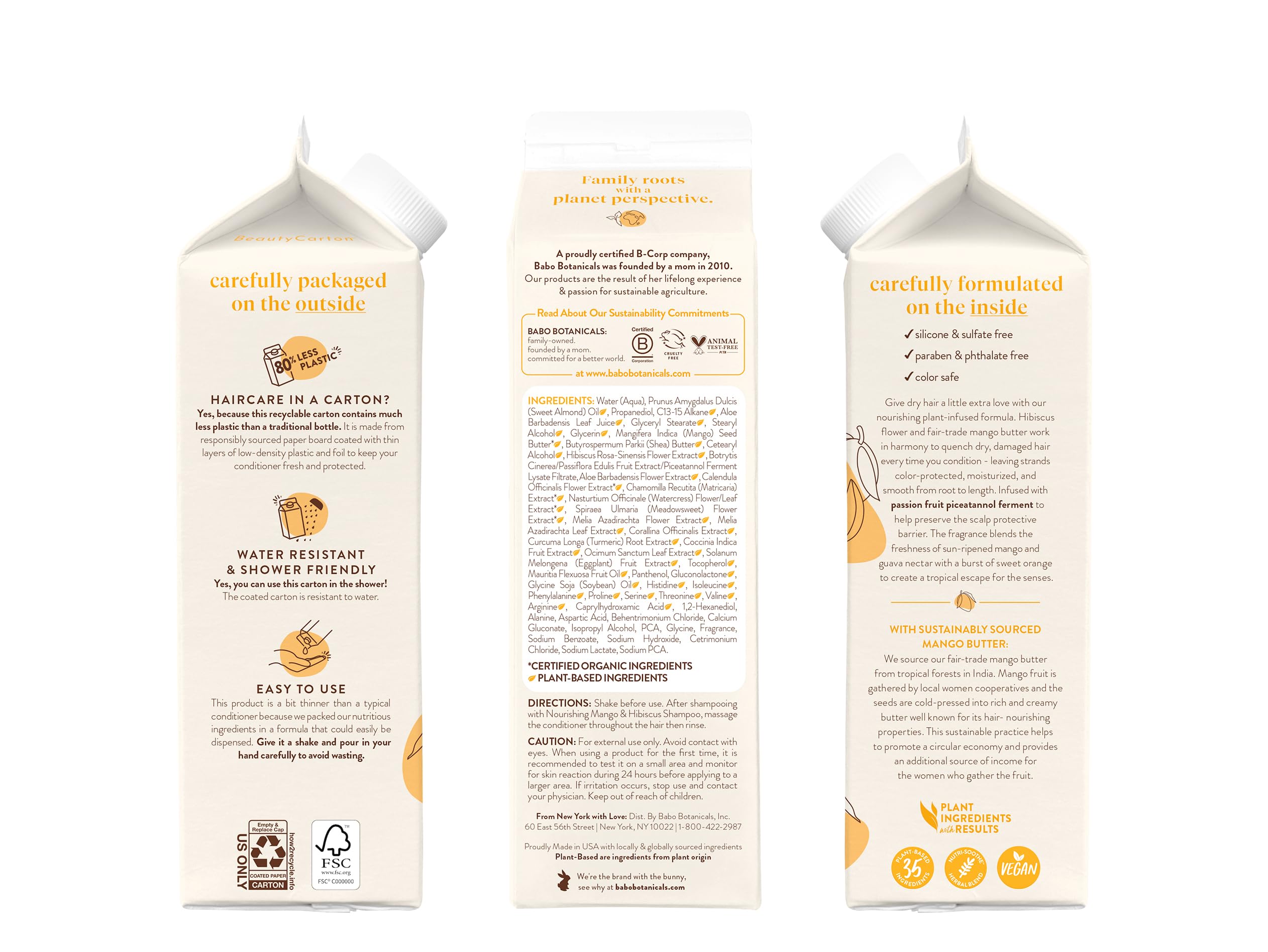 Babo Botanicals Nourishing Mango & Hibiscus Conditioner - For Dry, Damaged, Color-Treated Hair – Moisturize & Soften – Water-Resistant Carton 80% Less Plastic – Vegan – Silicone Free