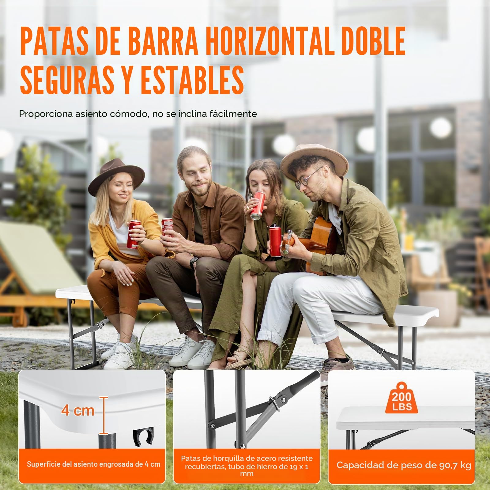 VEVOR Banco Plegable de Plástico Portátil de 183 mm, Banco de Exterior Impermeable de HDPE, Asiento de Comedor para Pícnic y Camping con Asa de Transporte, Blanco, 1820 x 280 x 430 mm, 2 Unidades