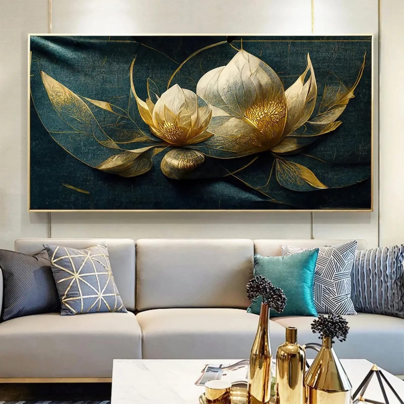 Tongyinli Internal Frame Green Gold Lotus Flower Canvas Painting, Abstract Wall Art Print Picture, Luxury Plants Poster,Home Decoration Mural 80X160cm Framework