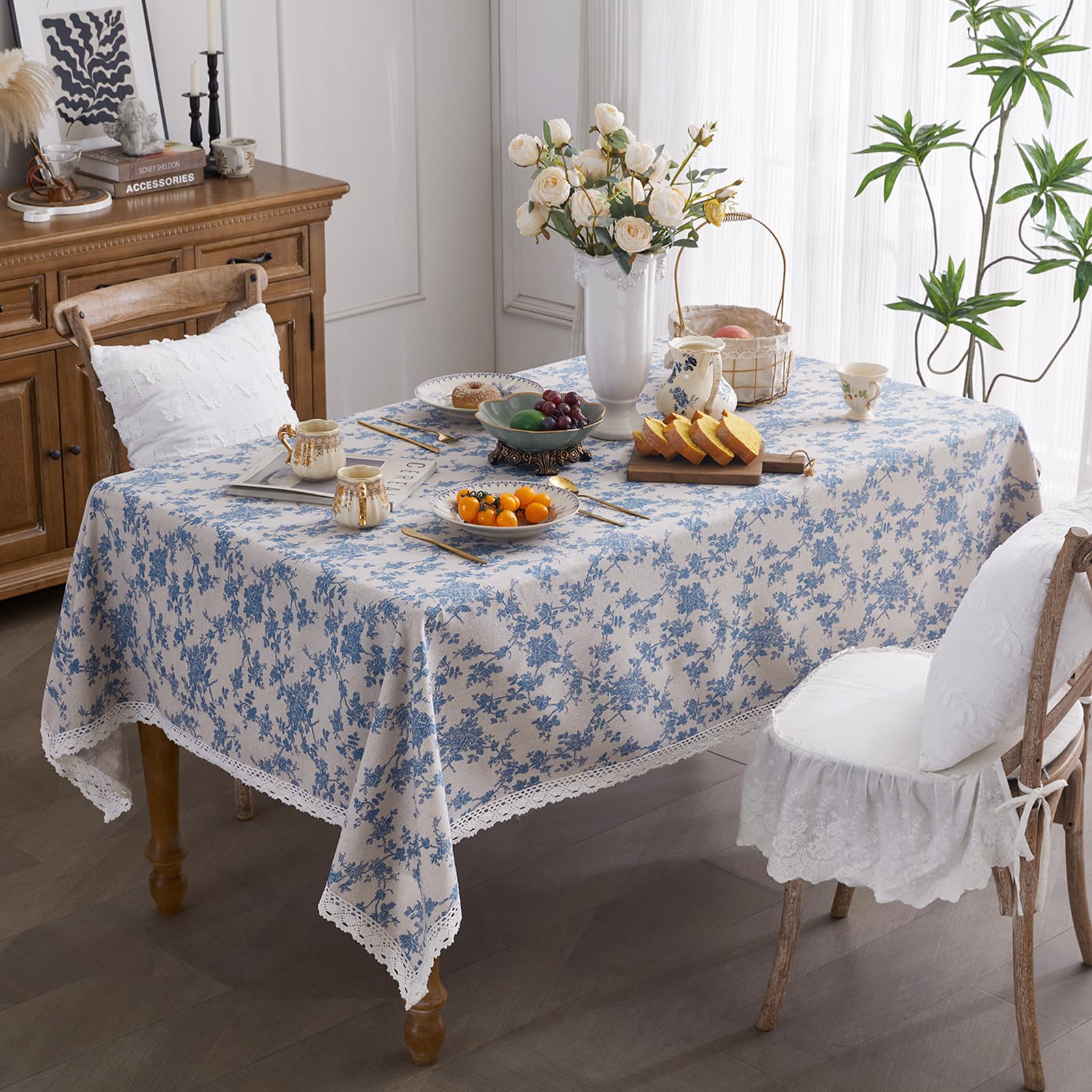 Blue Floral Linen Tablecloth with Lace Edge