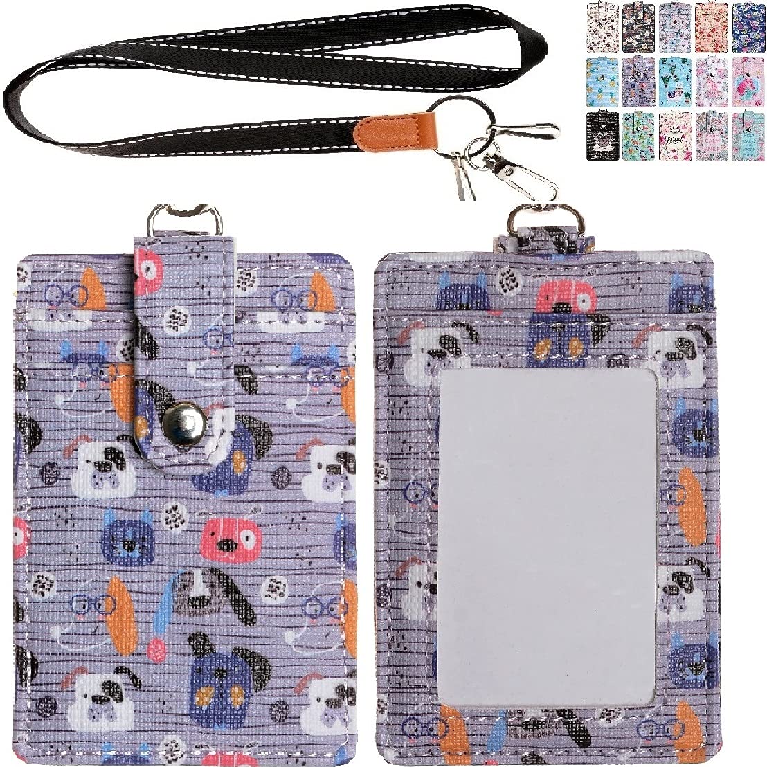 Lanyard ID Badge Holder Case Credit Card Wallet with 1 Clear ID Window & 6 Credit Card Slot and a Detachable Neck Strap Lanyard for Kids (Gray Dog)
