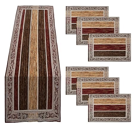 Kuber Industries Dining Table Runner Set|Rich Fabric Damask Pattern Table Mat|Multiclored Strips 6 Placemats for Restaurant & Home Decor,Set of 1 (Maroon)